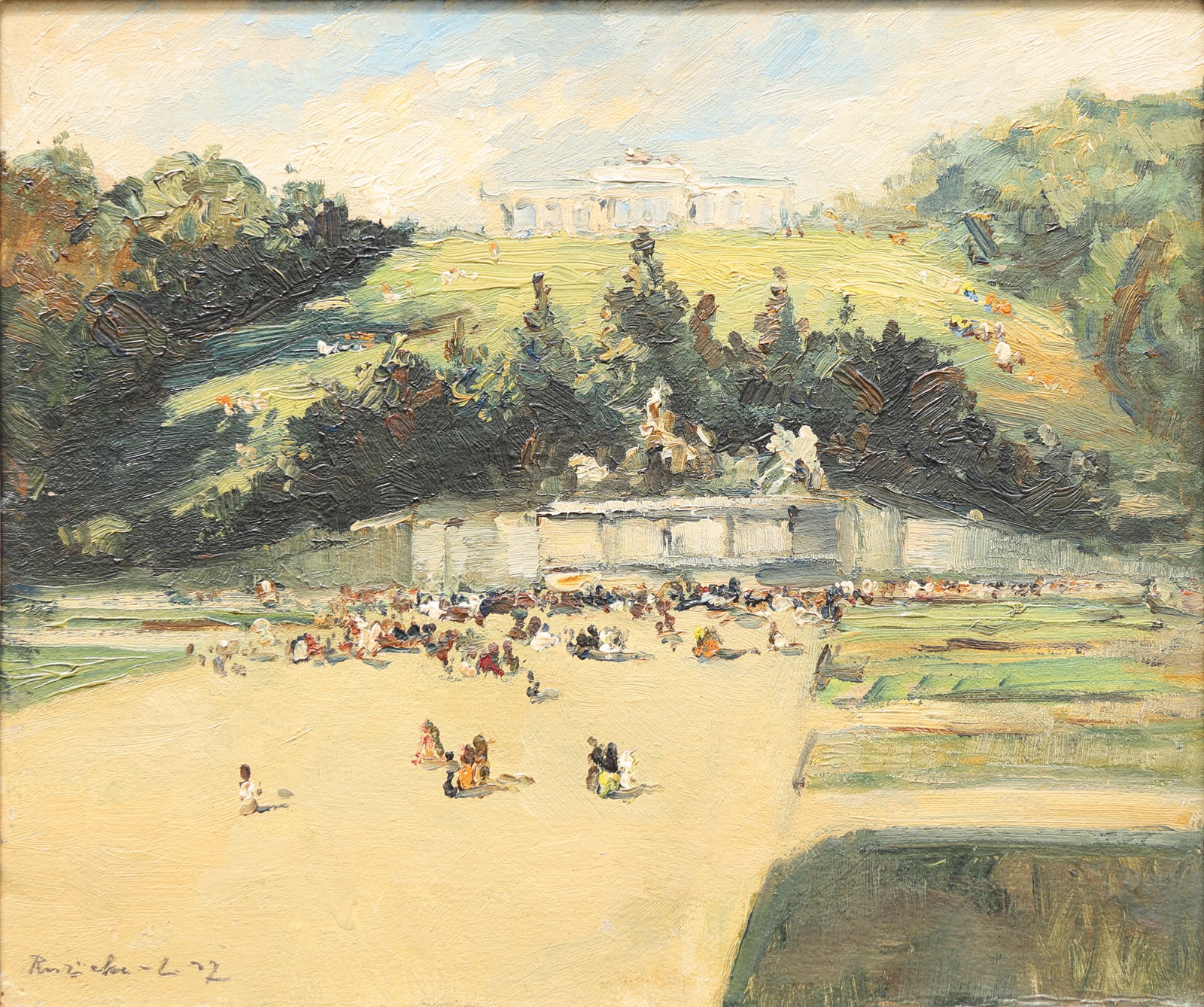 Othmar Ruzicka* (Vienna 1877 - 1962 Vienna): Othmar Ruzicka* (Vienna 1877 - 1962 Vienna) Schönbrunn, 1927 oil/cardboard 24,5 x 28,5 cm signed Ruzicka - L., dated 27 SCHÄTZPREIS / ESTIMATE € 500 - 800</