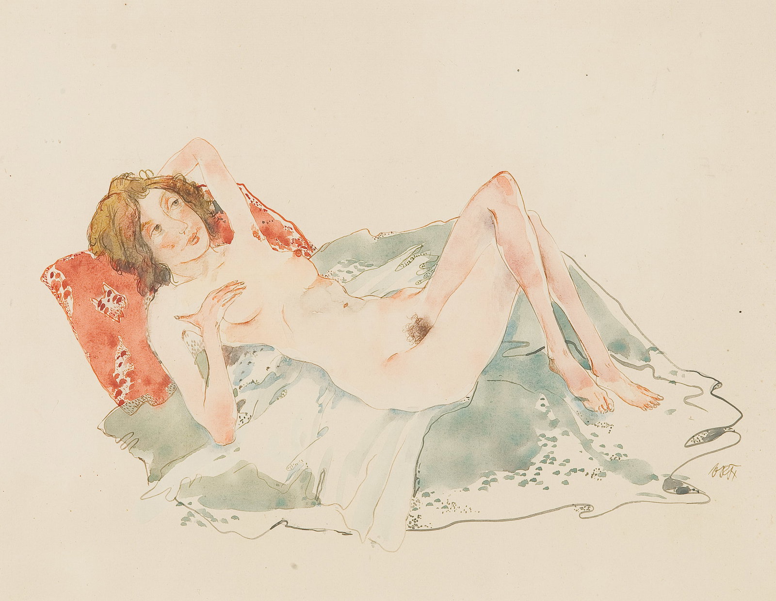 Otto Rudolf Schatz* (Vienna 1900 - 1961 Vienna): Otto Rudolf Schatz* (Vienna 1900 - 1961 Vienna) Lying nude on a red cushion, around 1944 watercolor/paper 34,5 x 44,5 cm monogrammed ORSx SCHÄTZPREIS / ESTIMATE €