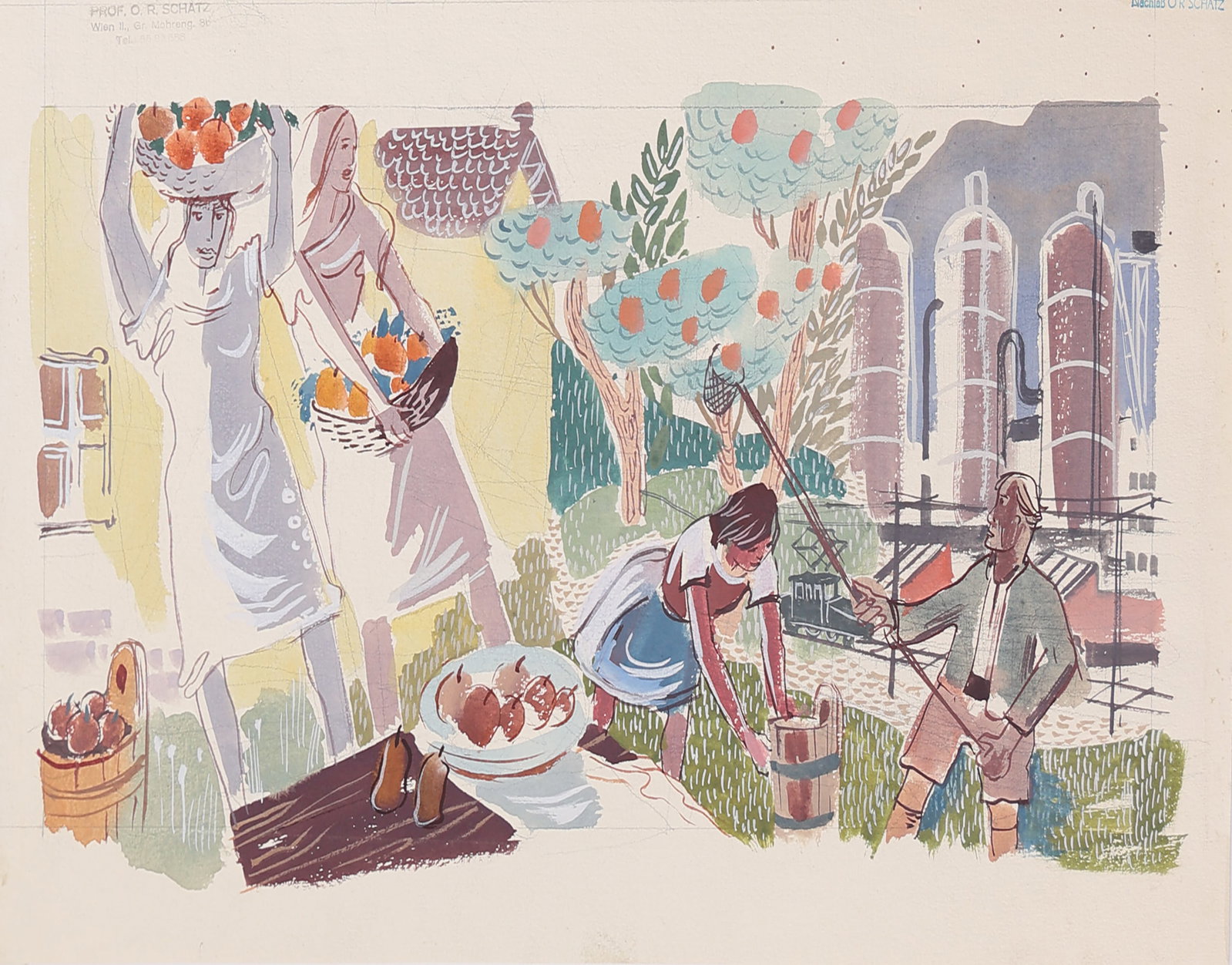 Otto Rudolf Schatz* (Vienna 1900 - 1961 Vienna): Otto Rudolf Schatz* (Vienna 1900 - 1961 Vienna) Fruit harvest watercolor/paper 28,5 x 48,2 cm artist's and estate stamp SCHÄTZPREIS / ESTIMATE °€ 300 - 400<