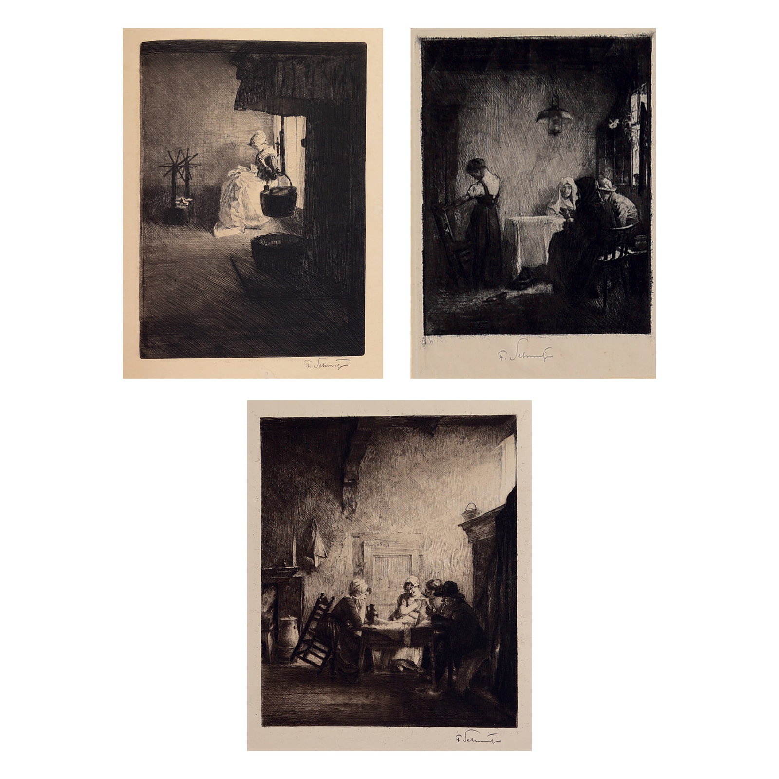 Ferdinand Schmutzer (Vienna 1870 - 1928 Vienna): Ferdinand Schmutzer (Vienna 1870 - 1928 Vienna) Bundle of 3 rural scenes 1| Conversation etching/paper 23,6 x 19,4 cm signed F. Schmutzer 2| Discovered secret etching/paper 11,6 x 9