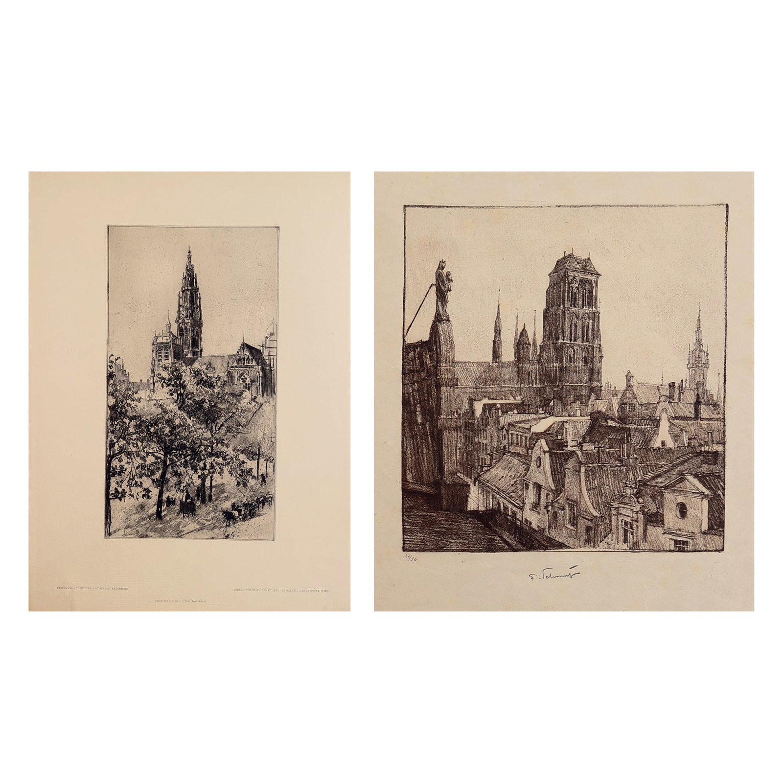 Ferdinand Schmutzer (Vienna 1870 - 1928 Vienna): Ferdinand Schmutzer (Vienna 1870 - 1928 Vienna) Bundle of 2 etchings 1| Rouen, France etching/paper 20,6 x 19,2 cm signed F. Schmutzer, numbered 22/50 2| Antwerpen etching/paper 28 x