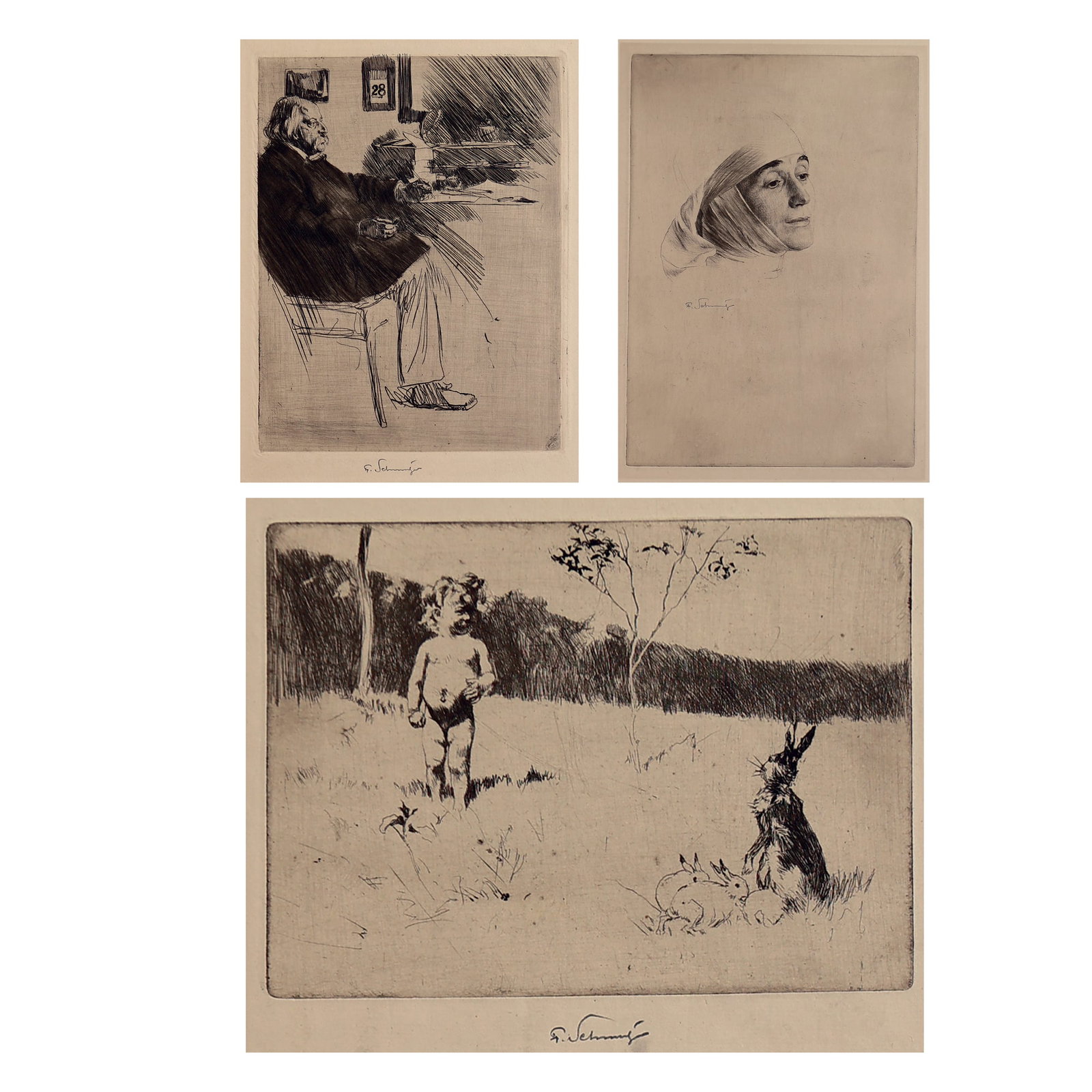 Ferdinand Schmutzer (Vienna 1870 - 1928 Vienna): Ferdinand Schmutzer (Vienna 1870 - 1928 Vienna) Bundle of 3 etchings 1| The nun etching/paper 25,2 x 17,3 cm signed F. Schmutzer 2| The writer etching/paper 17,6 x 13,4 cm signed