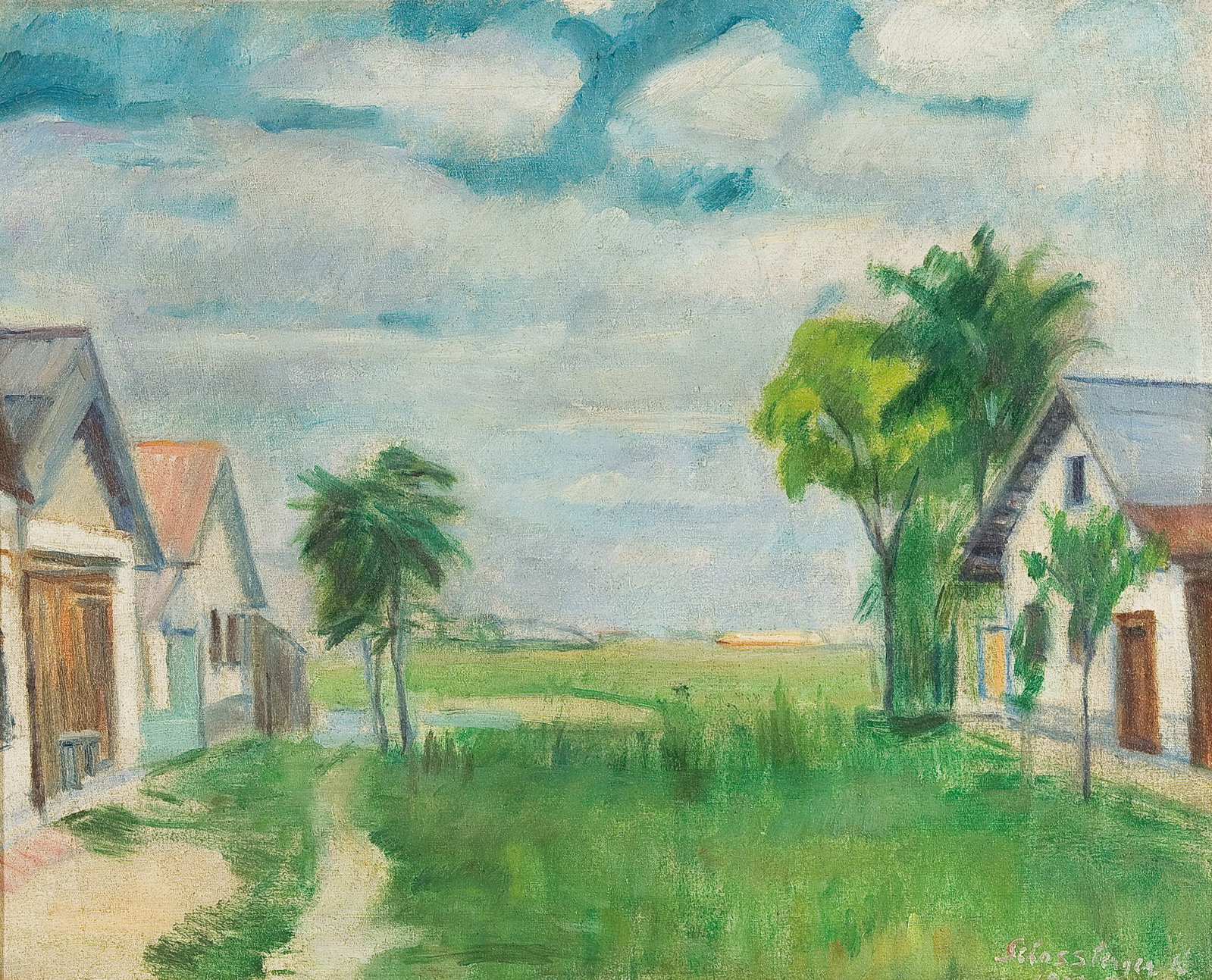 Klára Schossberger* (Budapest 1893 - 1958 England): Klára Schossberger* (Budapest 1893 - 1958 England) Landscape with clouds oil/canvas 40,5 x 50,5 cm signed Schossberger SCHÄTZPREIS / ESTIMATE °€ 100 -