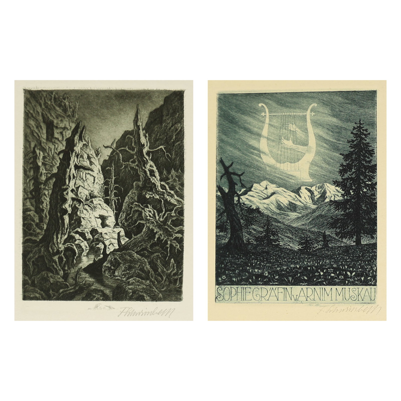 Fritz Schwimbeck* (Munich 1889 - 1977 Friedberg): Fritz Schwimbeck* (Munich 1889 - 1977 Friedberg) Bundle of 2 etchings 1| In the mountain etching/paper 12,5 x 9 cm signed F. Schwimbeck 2| Countess Sophie etching/paper 13,4 x 9,2 cm