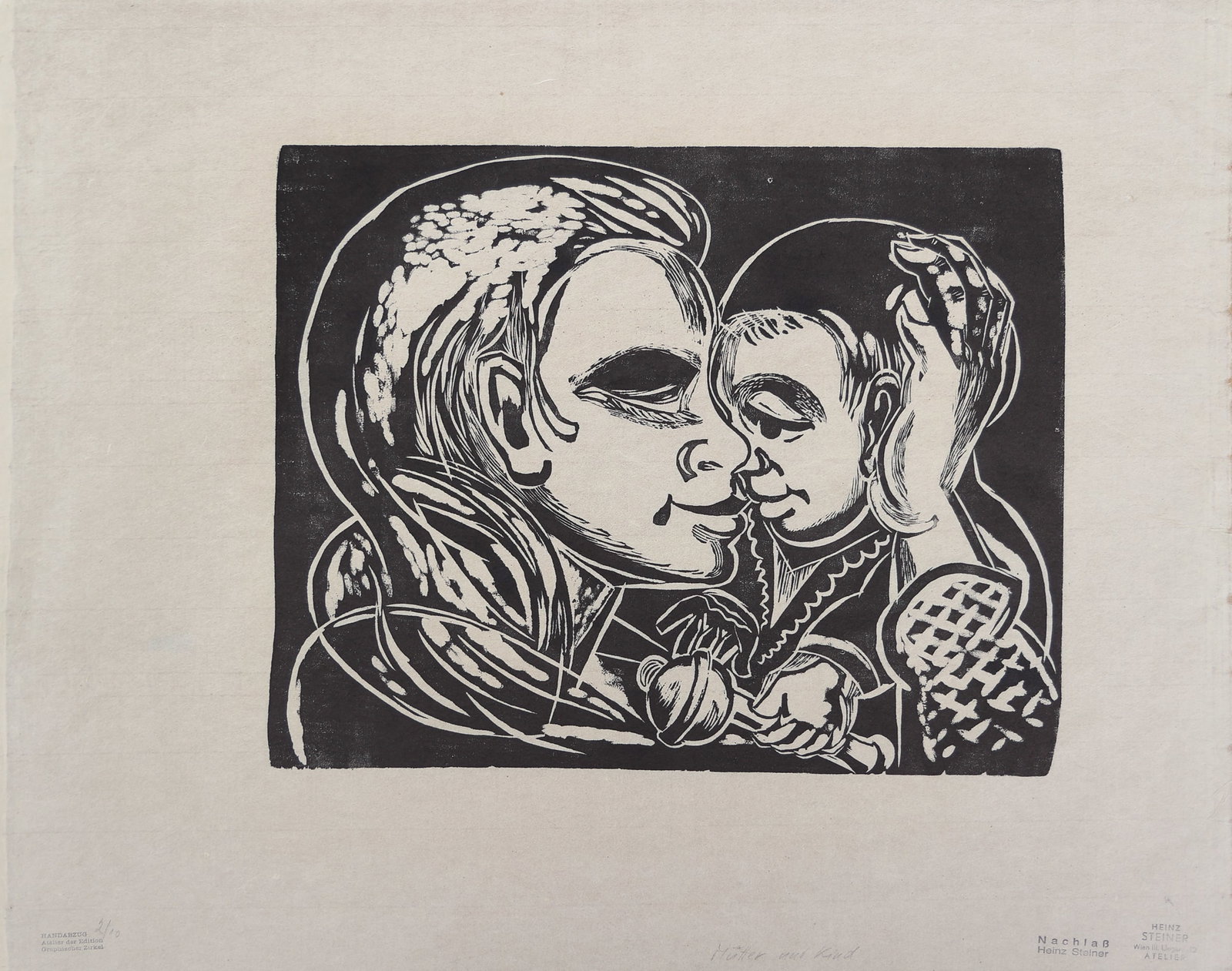 Heinz Steiner* (Vienna 1905 - 1974 Vienna): Heinz Steiner* (Vienna 1905 - 1974 Vienna) Mother and child woodcut/paper 31 x 39,2 cm artists's and estate stapm, stamp hand print 2/10 SCHÄTZPREIS / ESTIMATE °€ 60 - 80 STARTPREIS /