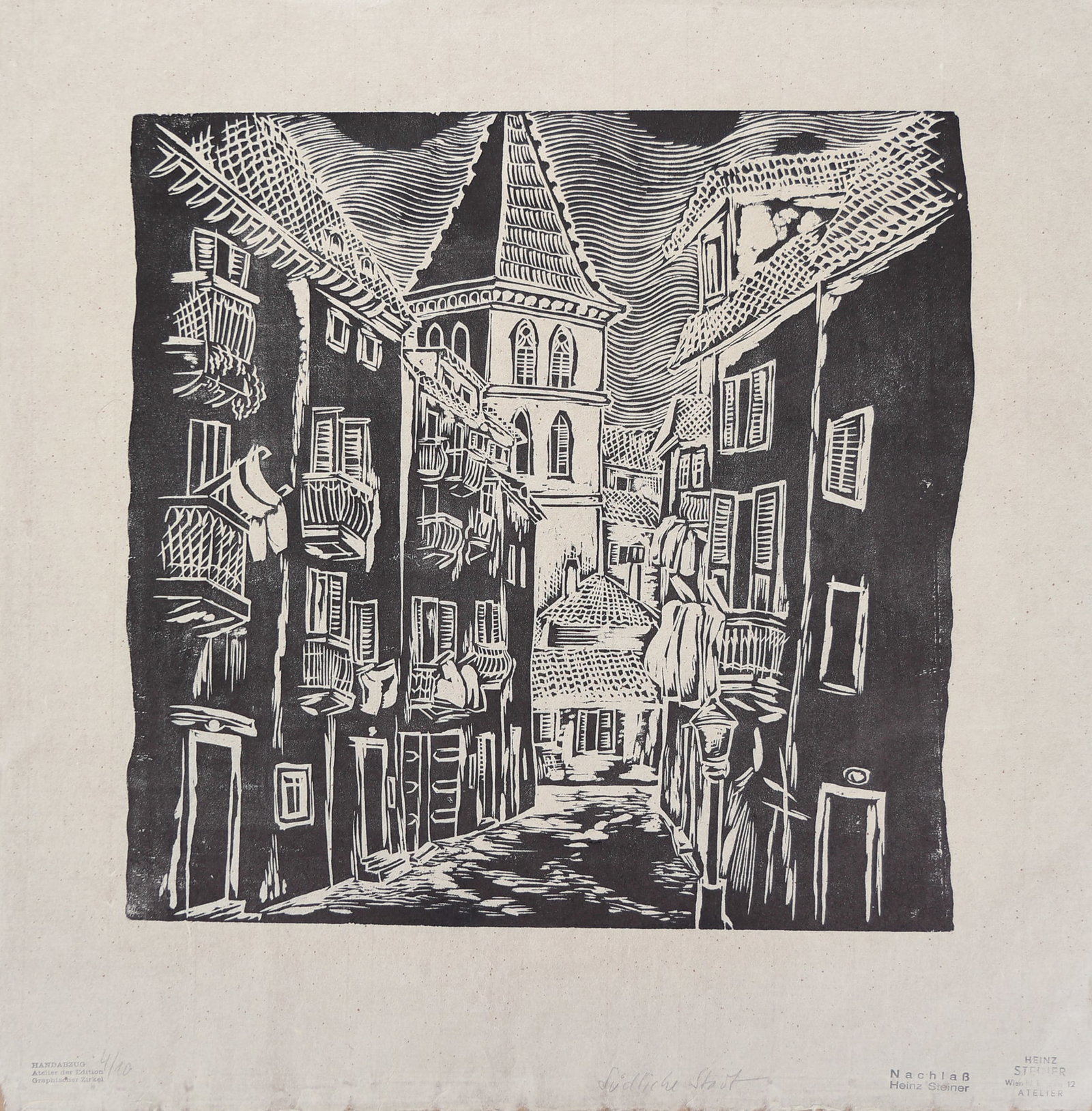 Heinz Steiner* (Vienna 1905 - 1974 Vienna): Heinz Steiner* (Vienna 1905 - 1974 Vienna) Southern city woodcut/paper 36 x 36,5 cm artist's and estate stamp, stamp hand print 4/10 SCHÄTZPREIS / ESTIMATE °€ 50 - 80 STARTPREIS /