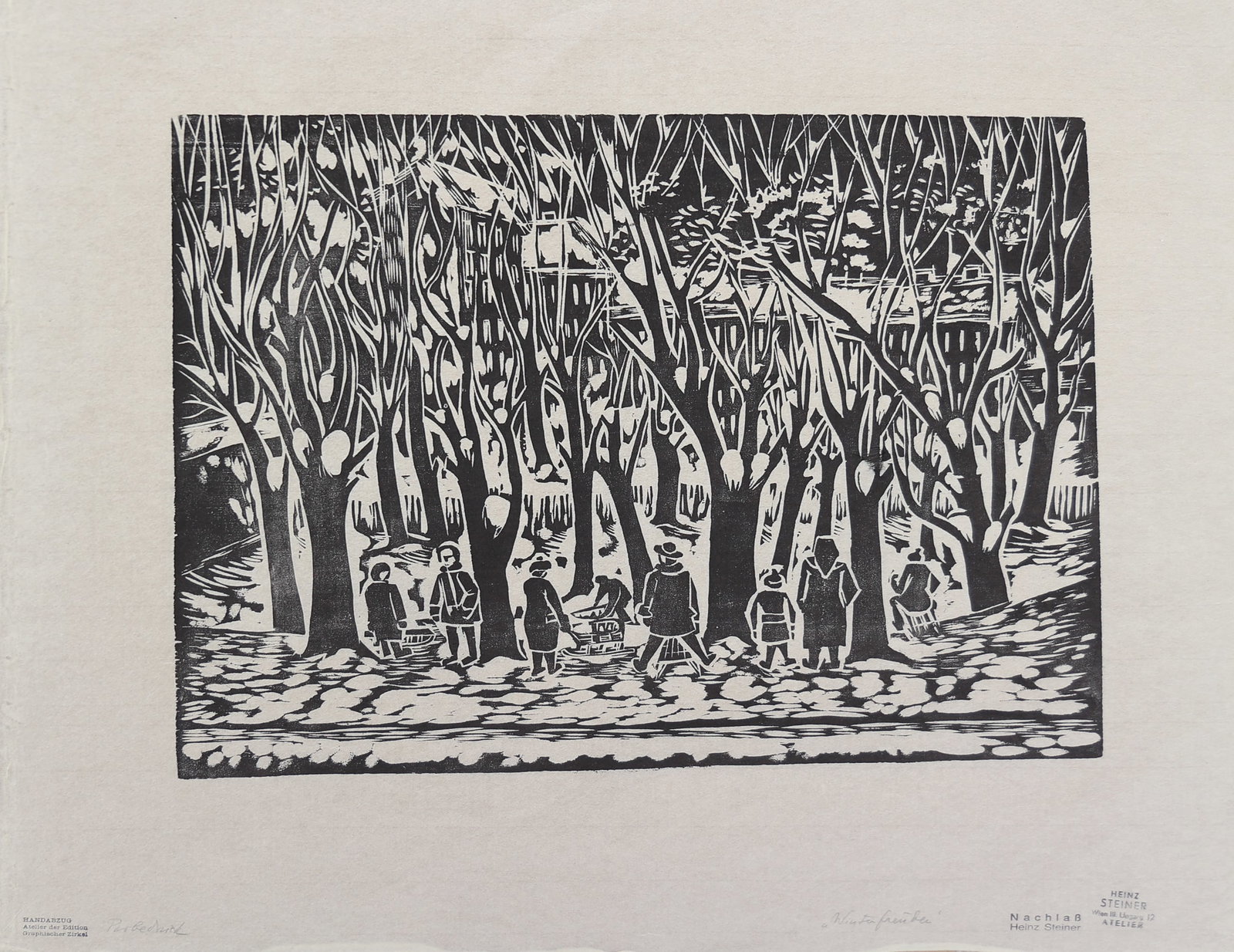 Heinz Steiner* (Vienna 1905 - 1974 Vienna): Heinz Steiner* (Vienna 1905 - 1974 Vienna) Winter joy woodcut/paper 32,5 x 45 cm artist's and estate stamp, stamp hand print SCHÄTZPREIS / ESTIMATE °€ 60 - 100 STARTPREIS / STARTING