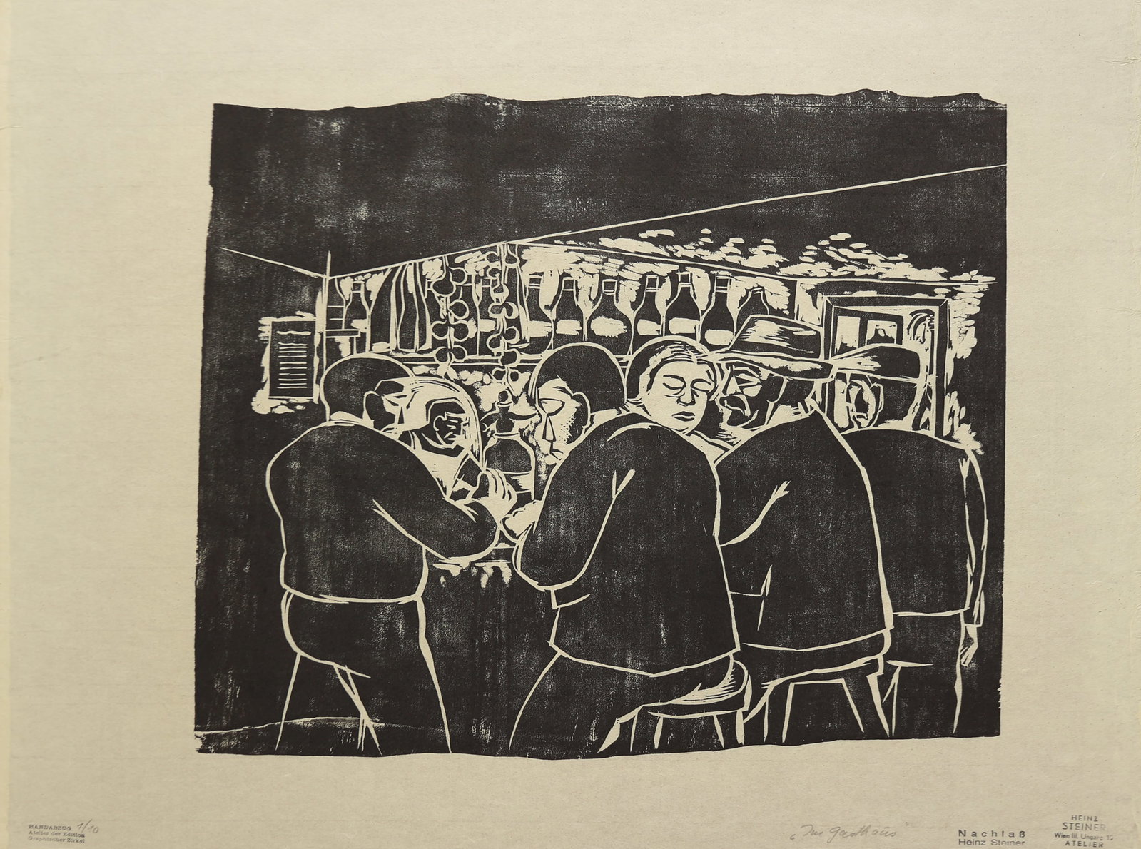 Heinz Steiner* (Vienna 1905 - 1974 Vienna): Heinz Steiner* (Vienna 1905 - 1974 Vienna) At the inn woodcut/paper 49 x 62 cm numbered 1/10 artist's and estate stamp SCHÄTZPREIS / ESTIMATE °€ 100 - 2