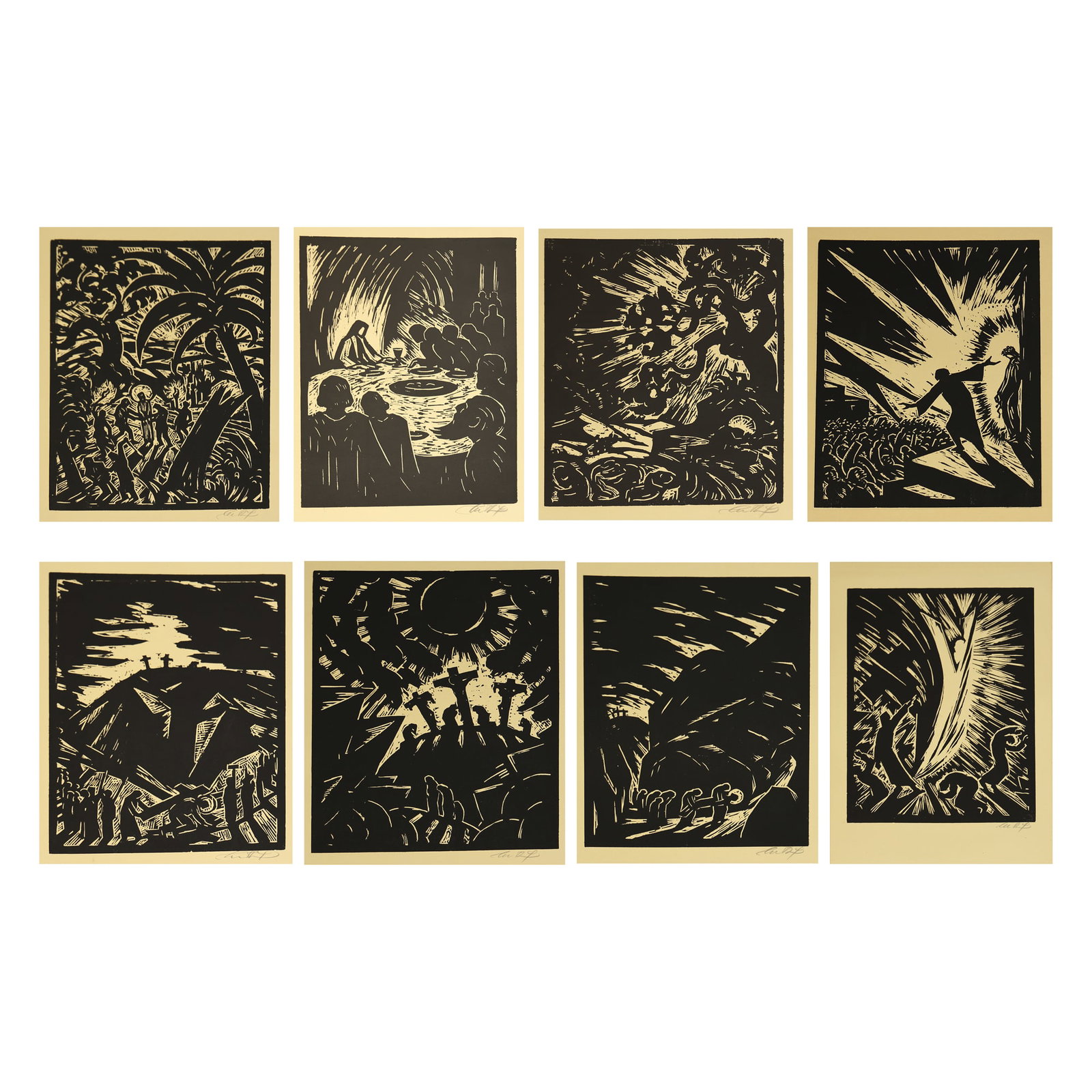 Max Thalmann (Rudolstadt 1890 - 1944 Jena): Max Thalmann (Rudolstadt 1890 - 1944 Jena) Passion, 1923 8 woodcuts/paper 57,7 x 39,7 cm all the sheets signed Thalmann, numbered 108 poems by Albert Talhof SCHÄTZPREIS / ESTIMATE °€