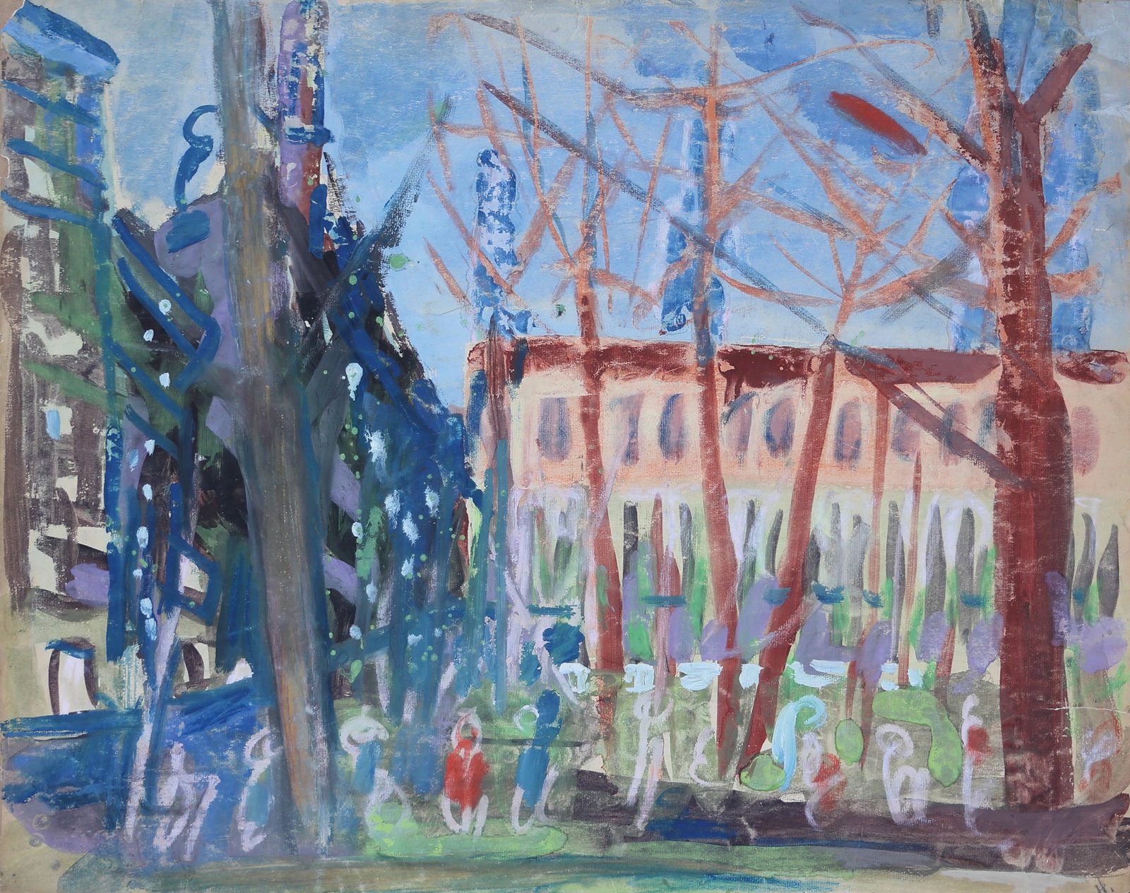 Unknown artist (Biographical data unknown): Unknown artist (Biographical data unknown) In the park gouache/paper 48 x 63 cm monogrammed H. SCHÄTZPREIS / ESTIMATE € 100 - 200 STARTPREIS / STARTING PRICE