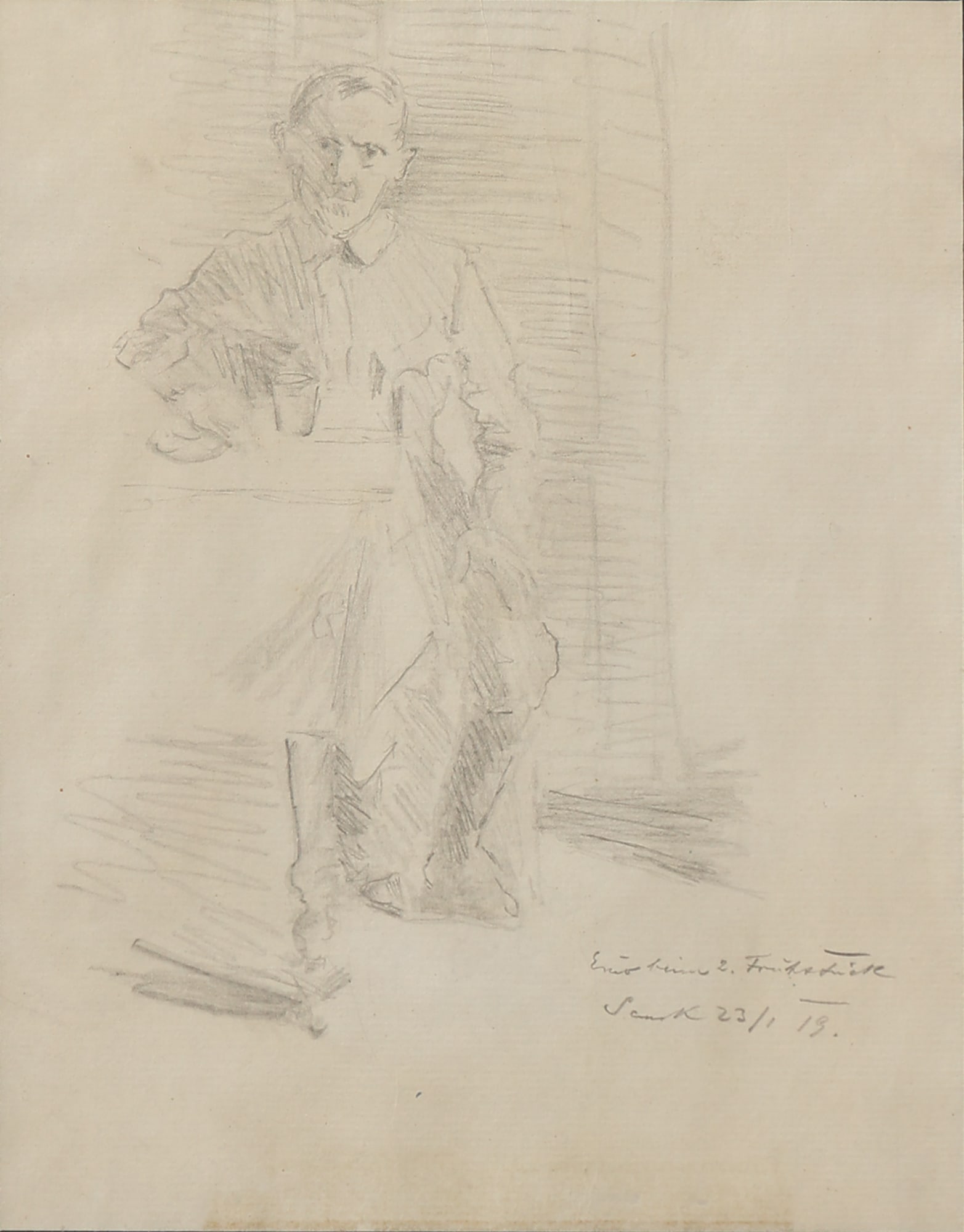 Unknown artist (Biographical data unknown): Unknown artist (Biographical data unknown) In Café, 1919 pencil/paper 27 x 21,5 cm signed illegible, dated 23/1 19. SCHÄTZPREIS / ESTIMATE € 400 - 600 STARTPREIS / STARTING PRICE