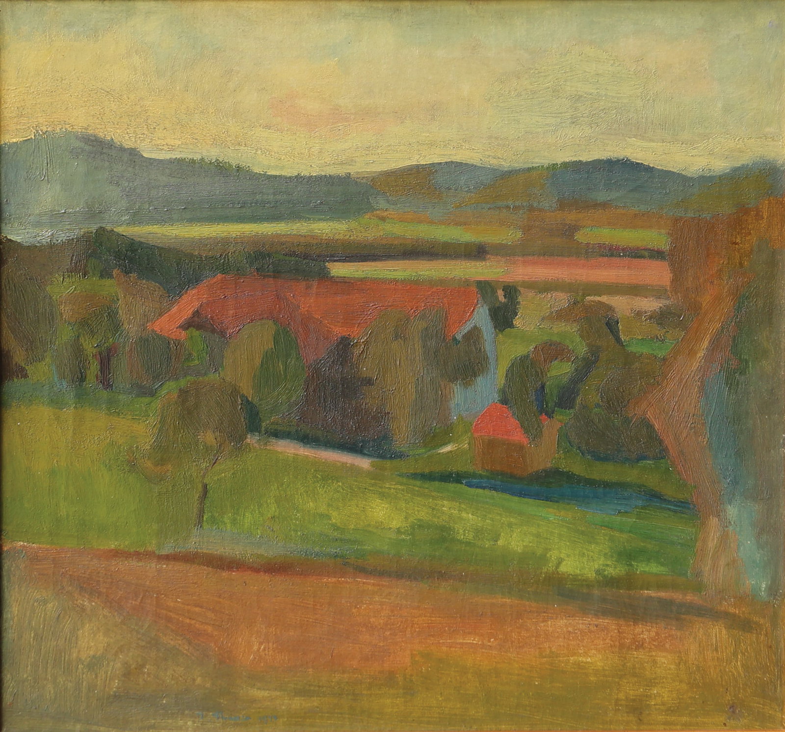 Unknown artist (Biographical data unknown): Unknown artist (Biographical data unknown) Landscape, 1923 oil/canvas 45 x 47,5 cm signed illegible, dated 1923 SCHÄTZPREIS / ESTIMATE € 200 - 400 STARTPREIS