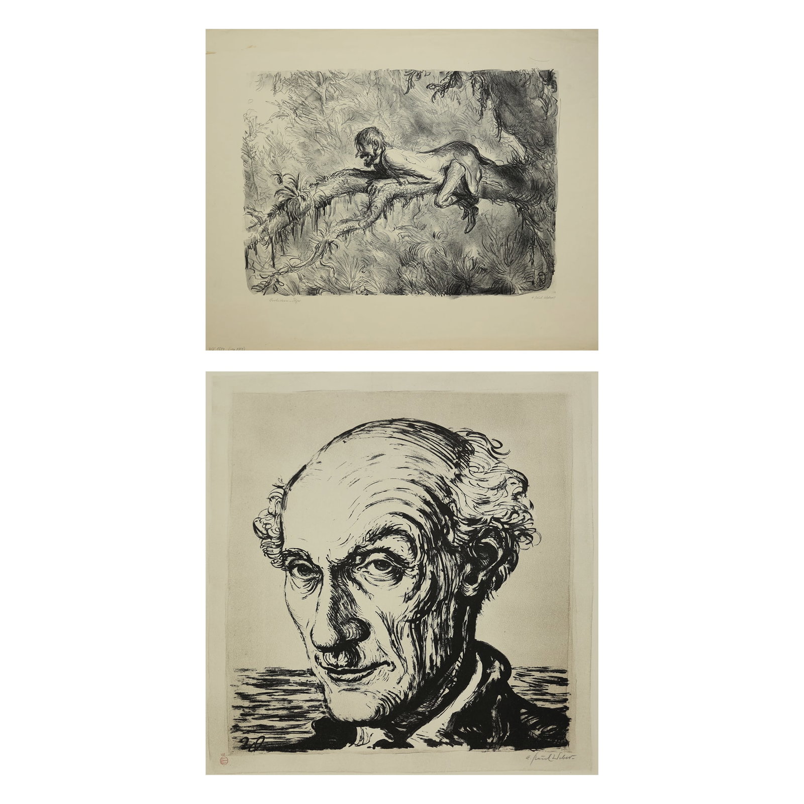 Andreas Paul Weber* (Arnstadt 1893 - 1980 Schretstaken): Andreas Paul Weber* (Arnstadt 1893 - 1980 Schretstaken) Bundle of 2 Lithographs 1| Selfportrait lithograph/paper 36,7 x 38,5 cm signed A. Paul Weber, monogrammed in the plate W 2| Orchid