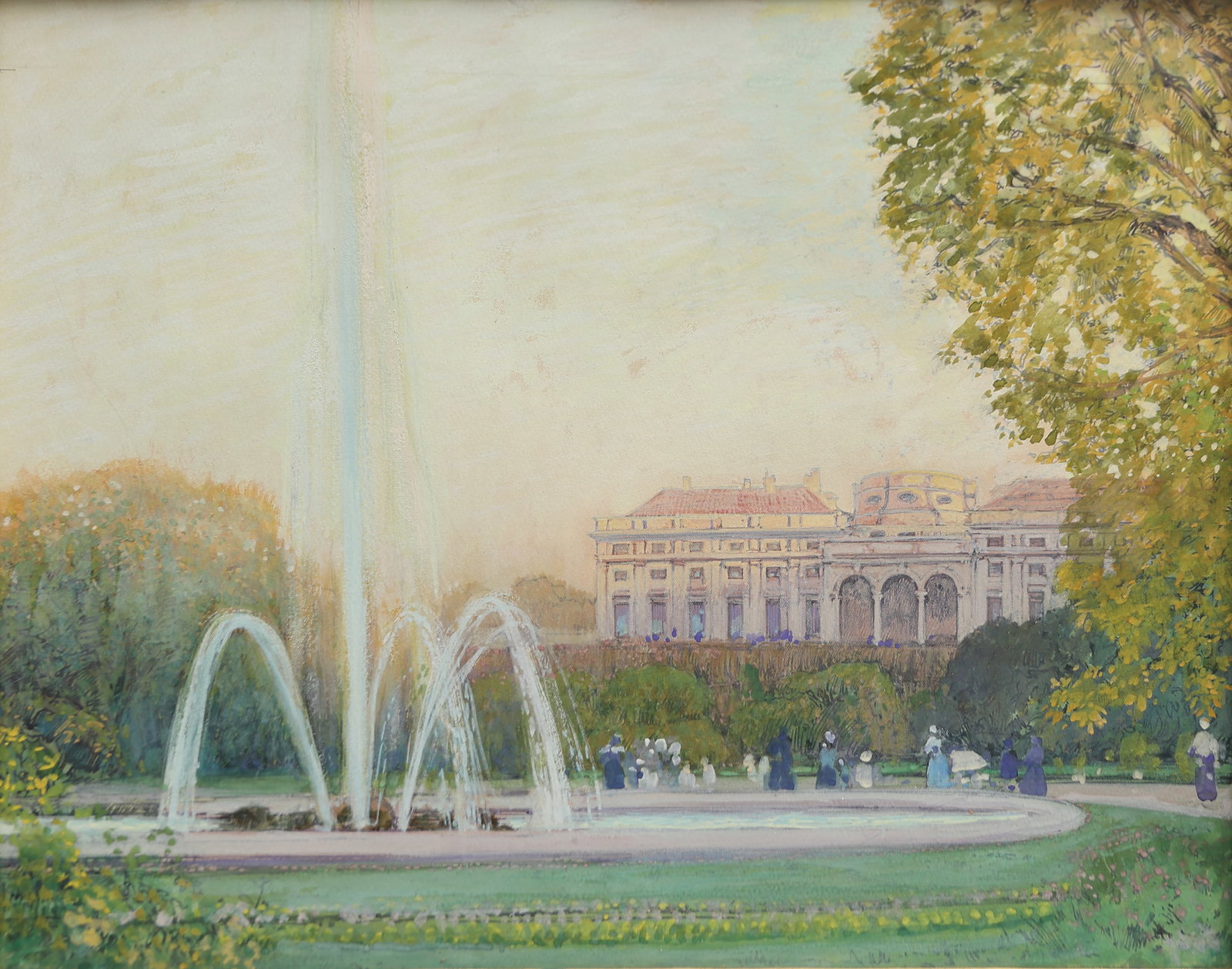 Hans Wilt (Vienna 1867 - 1917 Vienna): Hans Wilt (Vienna 1867 - 1917 Vienna) High jet fountain with Palais Schwarzenberg in the background mixed media/paper 35,5 x 45 cm SCHÄTZPREIS / ESTIMATE € 300 - 600 STARTPREIS / STARTING