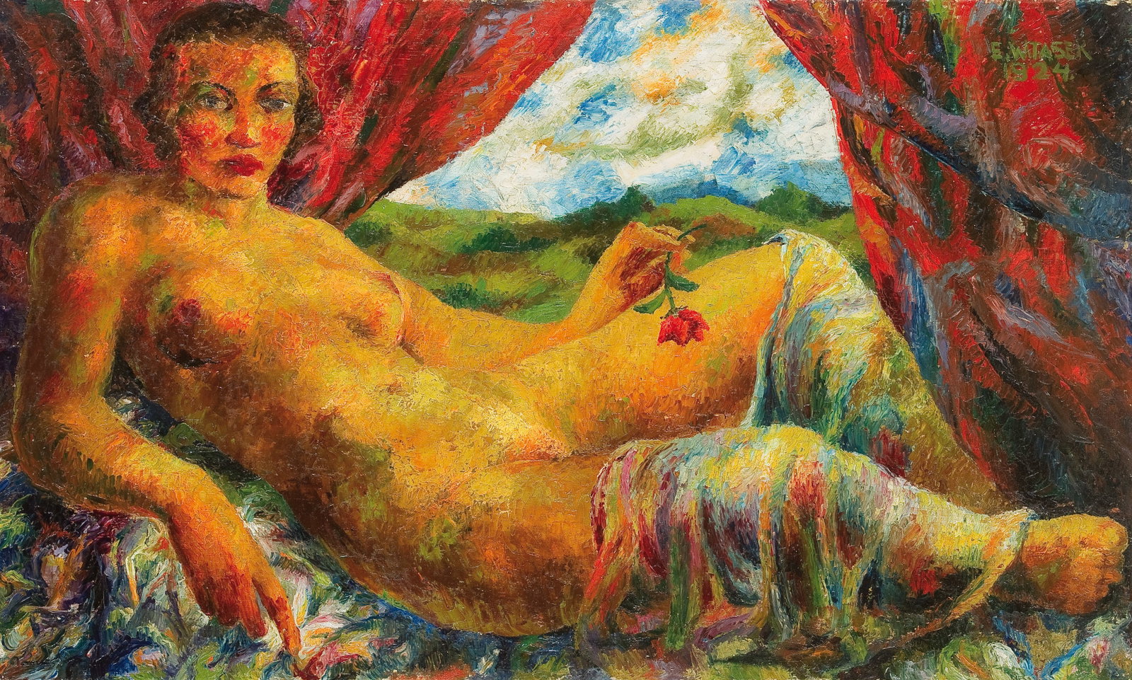 Emil Witasek* (Guldenfurt near Nikolsburg 1900 - 1970 Vienna): Emil Witasek* (Guldenfurt near Nikolsburg 1900 - 1970 Vienna) Nude with a rose, 1924 oil/canvas 67,5 x 113,5 cm signed E. Witasek, dated 1924 SCHÄTZPREIS / ESTIMATE &#