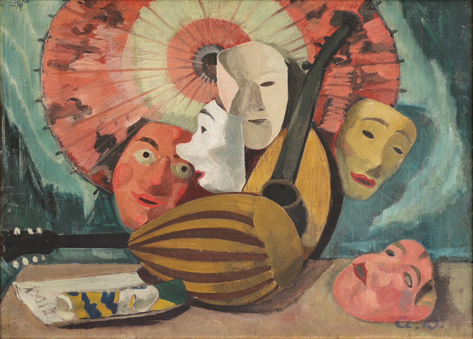 Clara Witte* (Osnabrück 1886 - 1956 Hannover): Clara Witte* (Osnabrück 1886 - 1956 Hannover) Japanese Noh-masks oil/canvas 68 x 94,5 cm monogrammed Cl.W. SCHÄTZPREIS / ESTIMATE °€ 800 - 1600 STA
