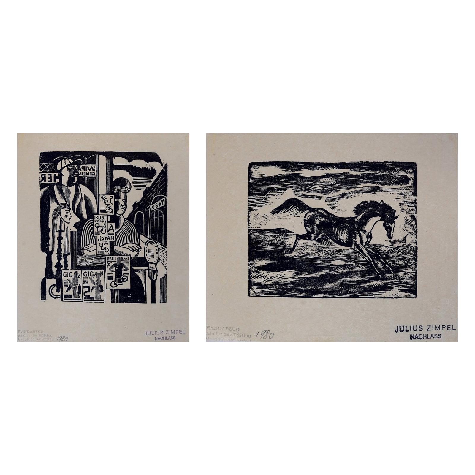 Julius Zimpel (Vienna 1896 - 1925 Vienna): Julius Zimpel (Vienna 1896 - 1925 Vienna) Bundle of 2 woodcuts 1| Stand woodcut/paper 13 x 11 cm estate stamp, as well as hand print stamp 1980 2| Horse woodcut/paper 8 x 10 cm estate stamp, as well