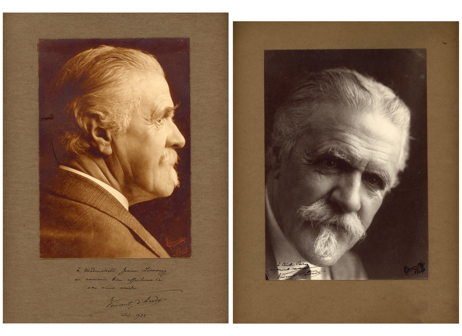 Pierre Choumoff (Grodno 1872 - 1936 Lodz): Pierre Choumoff (Grodno 1872 - 1936 Lodz) Bundle of 2 Portraits of Vincent d’Indy, ca 1920 gelatin silver prints 21 x 14,5 und 22 x 14,5 cm both mounted ( ca 30 x 24 cm) and signed in ink on photo �