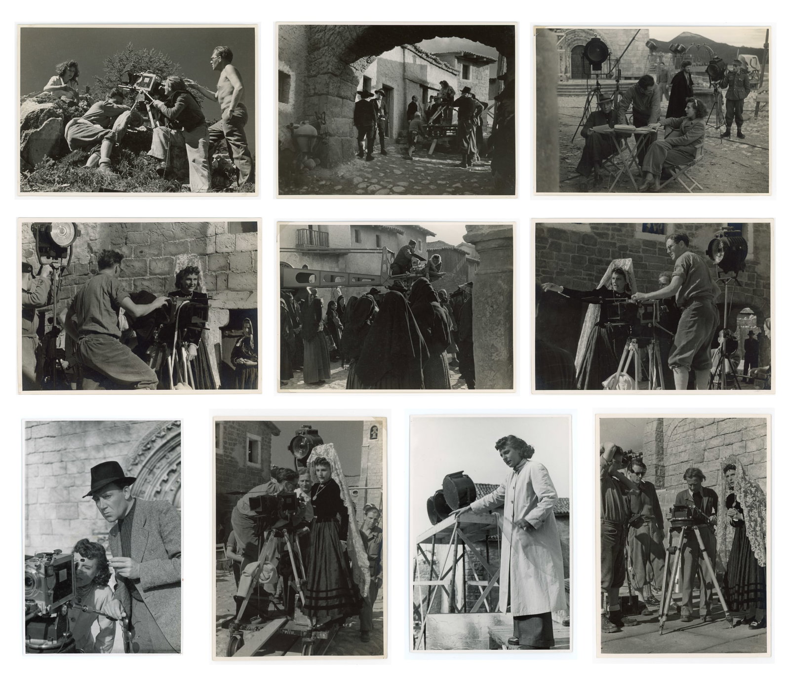Leni Riefenstahl / Tobisfilm* (Berlin 1902 -2003 Pöcking ): Leni Riefenstahl / Tobisfilm* (Berlin 1902 -2003 Pöcking ) Bundle of 10 Film shoot Tiefland, ca 1950 gelatin silver prints each 12,5 x 17,5 cm verso two photos stamp „ Fotovermerk Riefenstahlfilm (