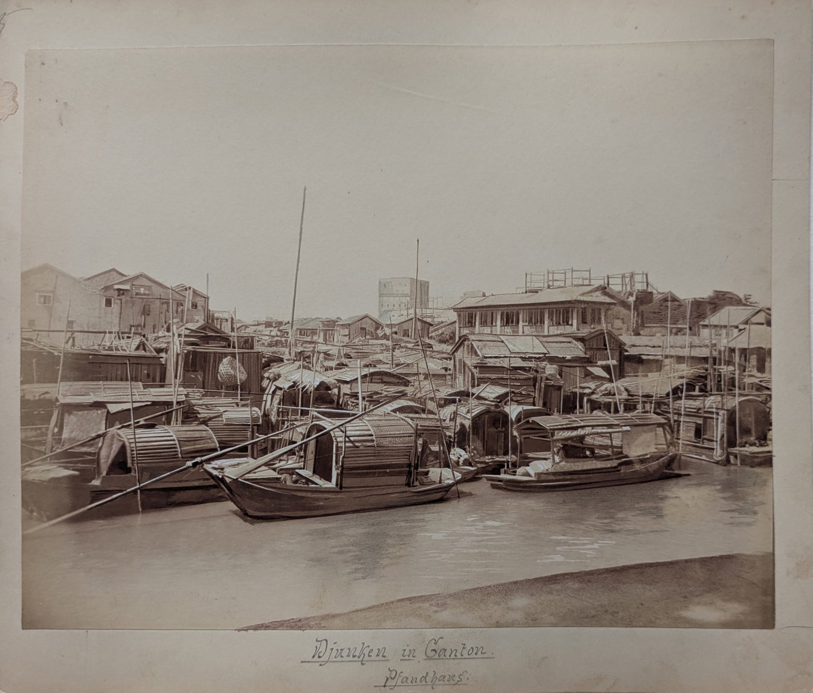 Unknown photographer (Biographical data unknown): Unknown photographer (Biographical data unknown) China, ca 1880 Albumen prints, each ca 21 x 27,5 cm recto: Canton, Guangzhou, Pearl River retouched in image verso: examination hall mount 26 x 30