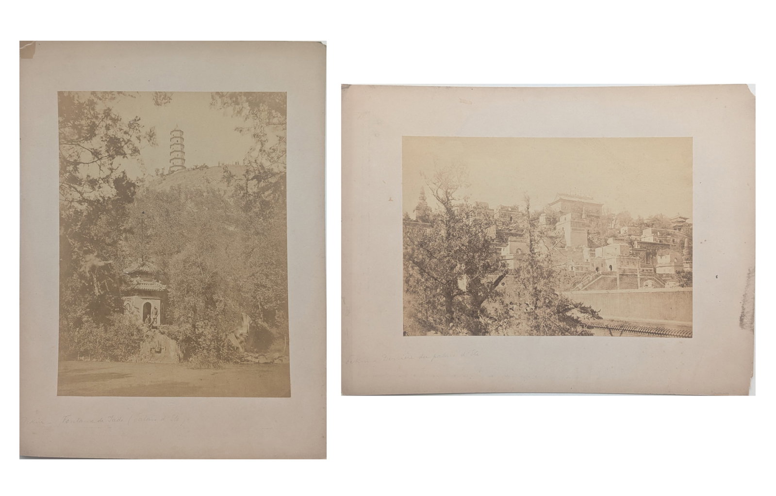 Unknown photographer (Biographical data unknown): Unknown photographer (Biographical data unknown) Bundle of 2 photos of China,Summer Palace, ca 1870 Albumen prints Pagoda 23,5 x 18 cm Beijing, Longevity Hill 15,5 x 22,5 cm mount each ca 32 x 24 cm