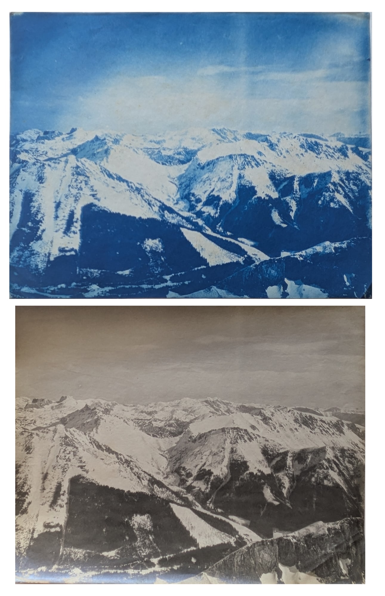 Unknown photographer (Biographical data unknown): Unknown photographer (Biographical data unknown) Bundle of 2 Mountains, ca 1910 Cyanotype 23 x 29 cm gelatin silver print 21,5 x 27,5 cm Same image, different techniques
