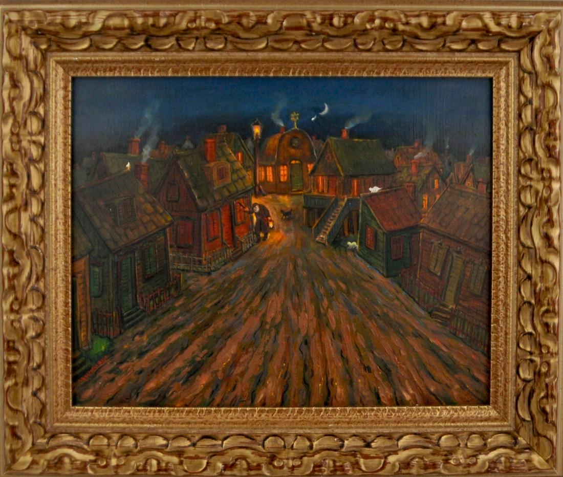 Maurice Kish (Russia/New York 1898-1987): Artist: Maurice Kish Title: The Veker Slichot Morning Framing Dimensions: 16 x 19 Signature: Signed Style Fine Art- Realistic Material & Techniques: Oil on Canvas Maurice Kish (Russia/New York 1898-19