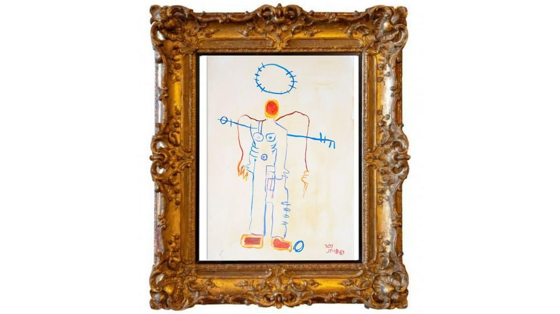 New york collection of the artist jean michel basquiat: Description A watercolor on cardboard by Jean Michel Basquiat (1960-1988). Signed and dated lower left, New York gallery stamp. A stunning example of the great late artist's work. Private collection o