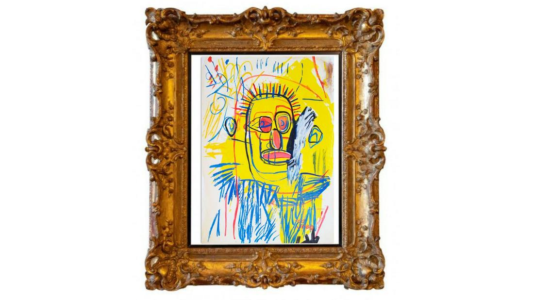 New york collection of the artist jean michel basquiat: Description A watercolor on cardboard by Jean Michel Basquiat (1960-1988). Signed and dated lower left, New York gallery stamp. A stunning example of the great late artist's work. Private collection o