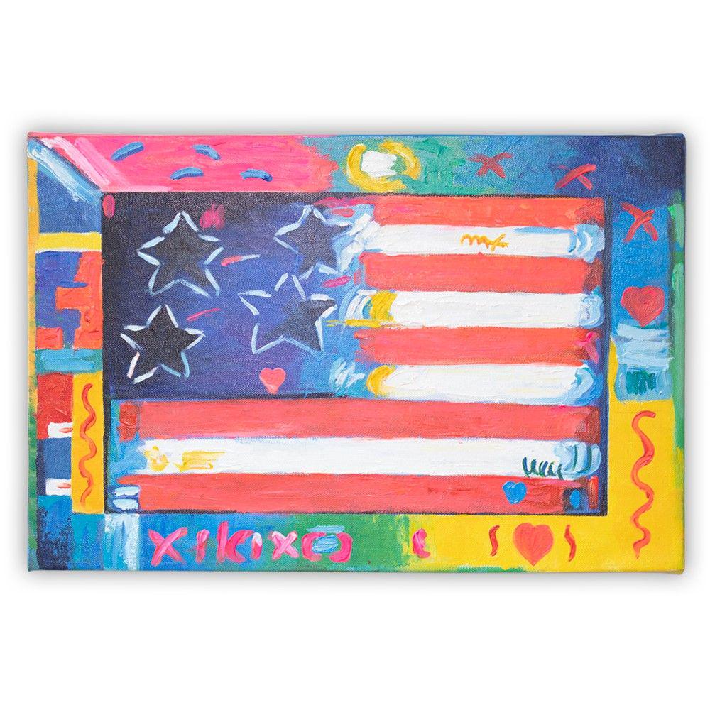 Acrylic painting Peter Max - Flag, in style of: DescriptionPainting in mixed art and acrylic on canvas by the famous artist Peter Max - vase, from the collection of American origin signed, additional stamp (PETER MAX 1999) on the back. A work in po