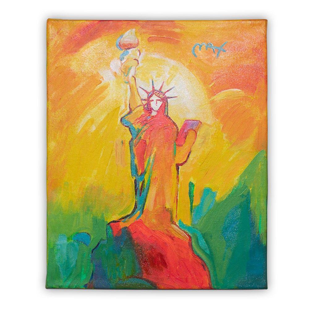Peter Max - Statue of liberty: DescriptionAcrylic painting on canvas by Peter Max, this work measures 19 3/4" x 15 1/2" where the artist represents the statue of liberty in new york in the style of Peter Max. An appraisal certifica
