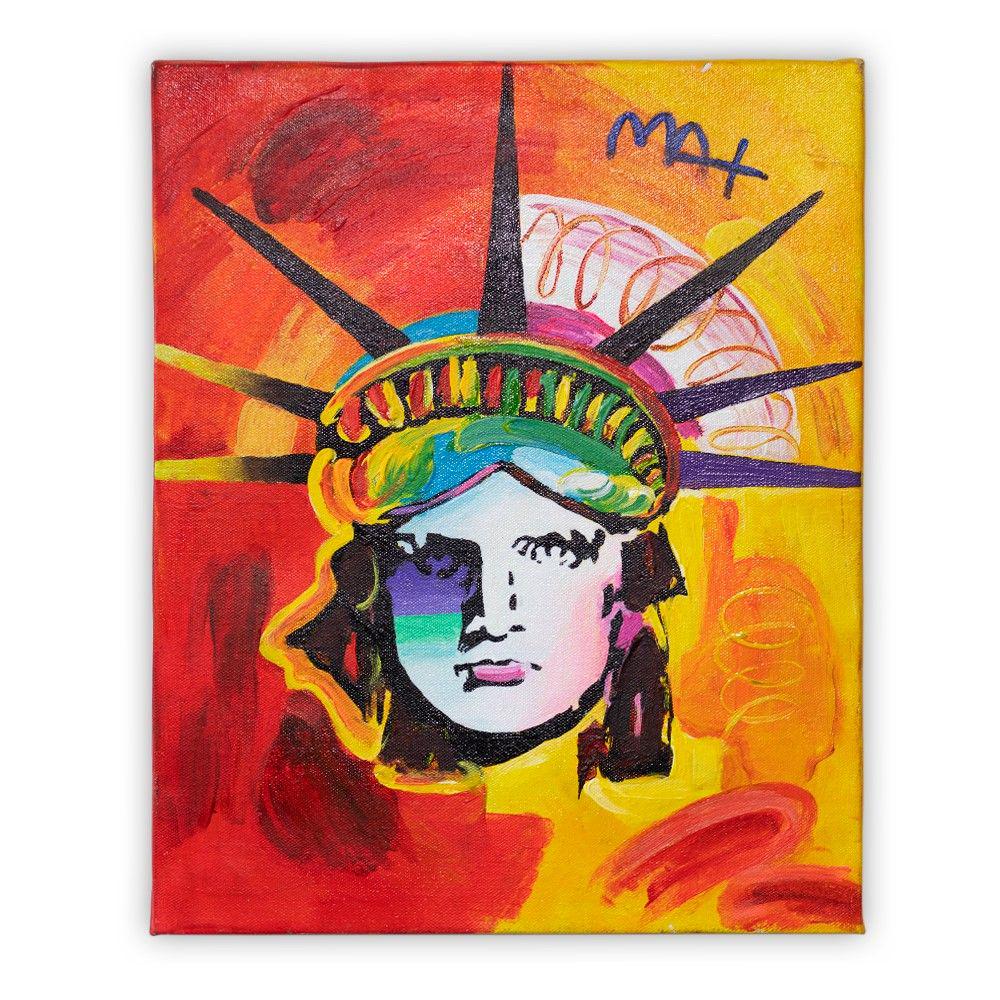 Peter Max - Liberty Head: DescriptionAcrylic painting on canvas by Peter Max, this work has a measure of 19 3/4" x 15 1/2" where the artist paints the head of the statue of liberty in new york in the style of Peter Max. An app