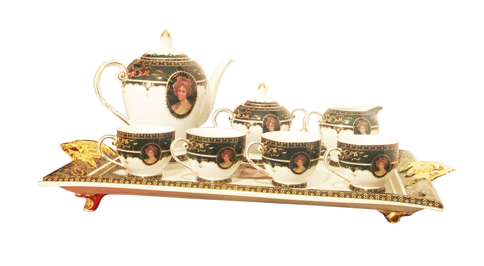 ORIGINAL VINTAGE MEISSEN TE SET: Large tray, teapot, sugar bowl, milk jug, 4 cups Meissen porcelain tea set with beautiful hand decoration and floral design with geometric designs and human face very good condition without any restor