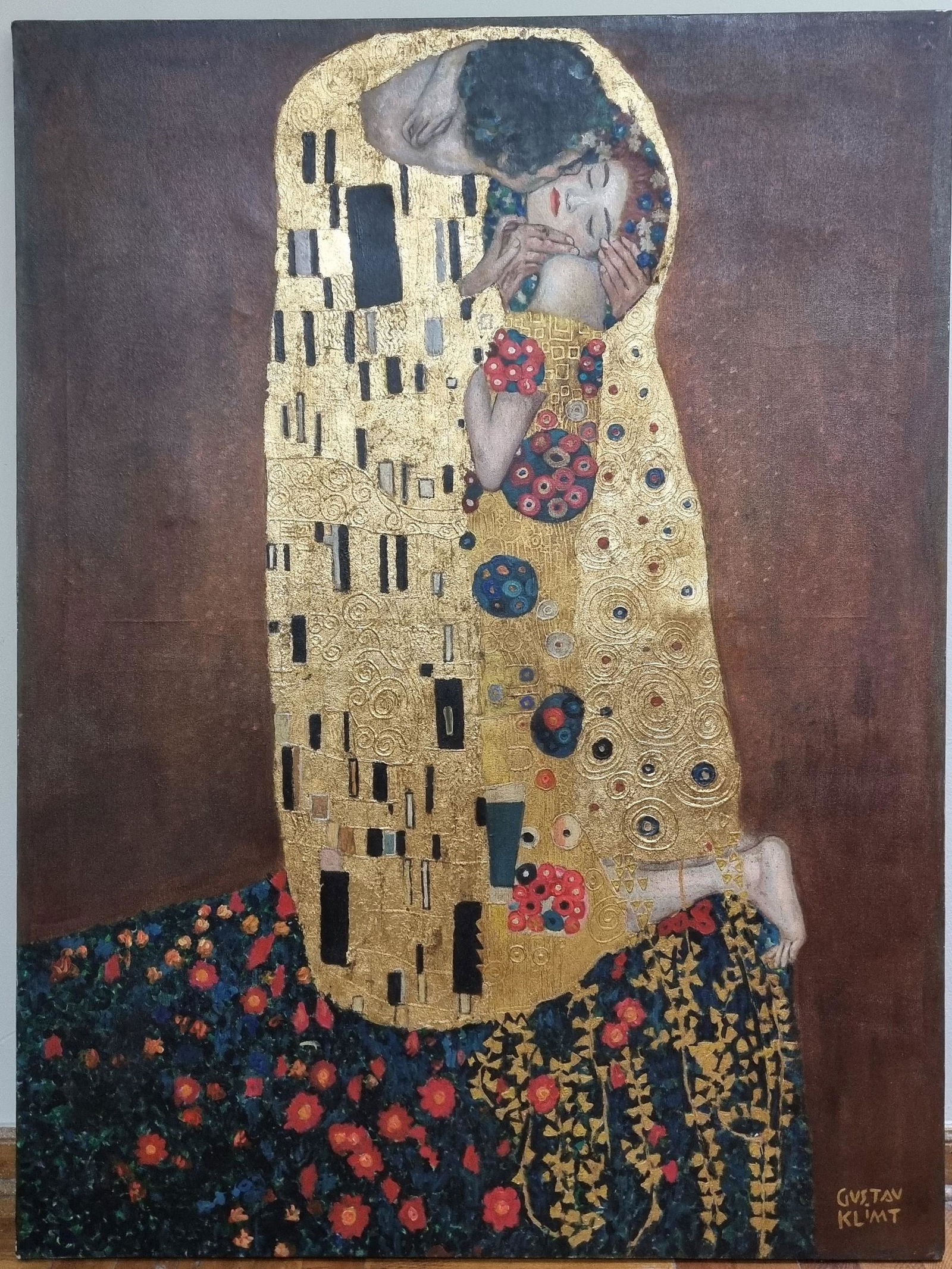 GUSTAV KLIMT - FINE OIL PAINTING: Description: Handmade painting in mixed technique, oil on canvas and mixed art, it has a signature on the bottom right and on the back it is signed on oil painting and sealedMeasures47.4” x 35.6
