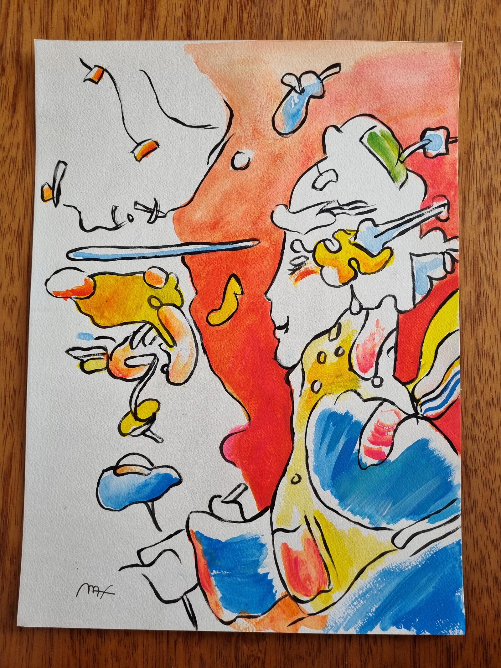 PETER MAX- FINE WATERCOLOR - "IN THE STYLE OF THE ARTIST": Description: Peter Max Watercolor on paperPeter Max (born Peter Max Finkelstein, October 19, 1937) is a German-American artist known for using bright colors in his work. Works by Max are associated wi