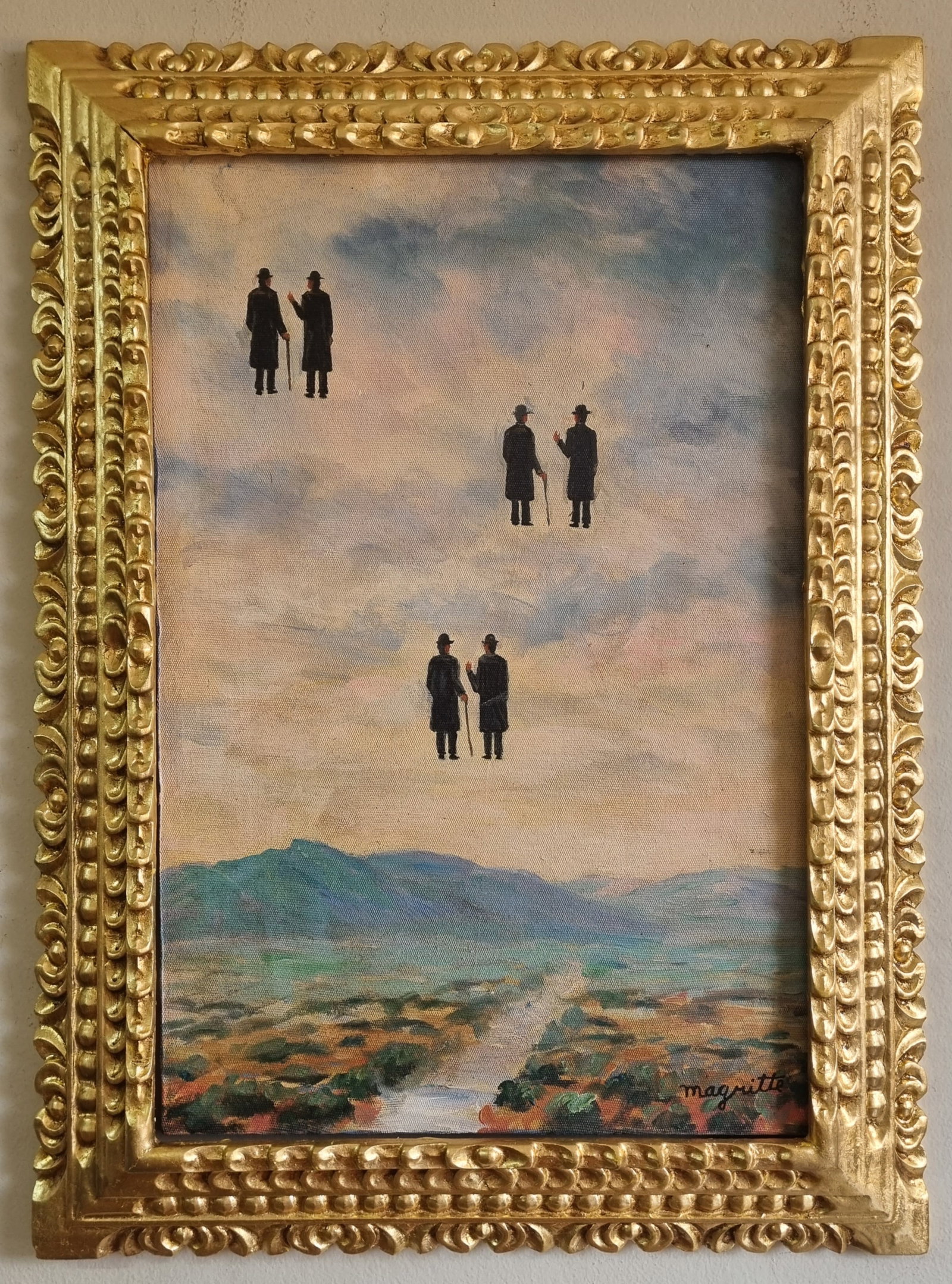 RENE MAGRITTE - OIL PAINTING ON CANVAS - (1898 - 1967) - IN THE STYLE OF: Description: Oil painting on canvas by Rene Magritte (November 21, 1898 - August 15, 1967). This great artist is recognized for the illusionist painting. An appraisal certificate accompanies this piec