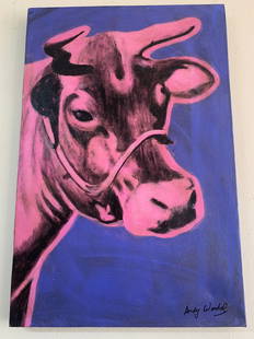 ANDY WARHOL - OIL ON CANVAS - LIGHT PINK COW - IN THE STYLE OF: Description: Andy Warhol oil on canvasAndrew Warhol, commonly known as Andy Warhol, was an American artist and actor who played a crucial role in the birth and development of pop artMeasurement: 40 x