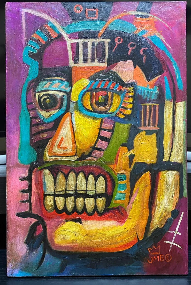 Jean-Michel Basquiat (American, 1960-1988) - Painting - IN THE STYLE OF: Handmade painting in mixed technique, oil on canvas and mixed art, it has a signature on the bottom right and on the back it is signed on oil painting and sealed, this painting is accompanied by a cer