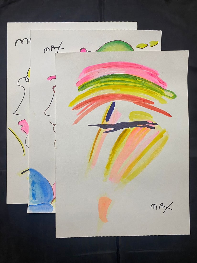 PETER MAX- 3 FINE WATERCOLORS - IN THE STYLE OF: Description: Peter Max - Set of 3 Watercolors on paperPeter Max (born Peter Max Finkelstein, October 19, 1937) is a German-American artist known for using bright colors in his work. Works by Max are a