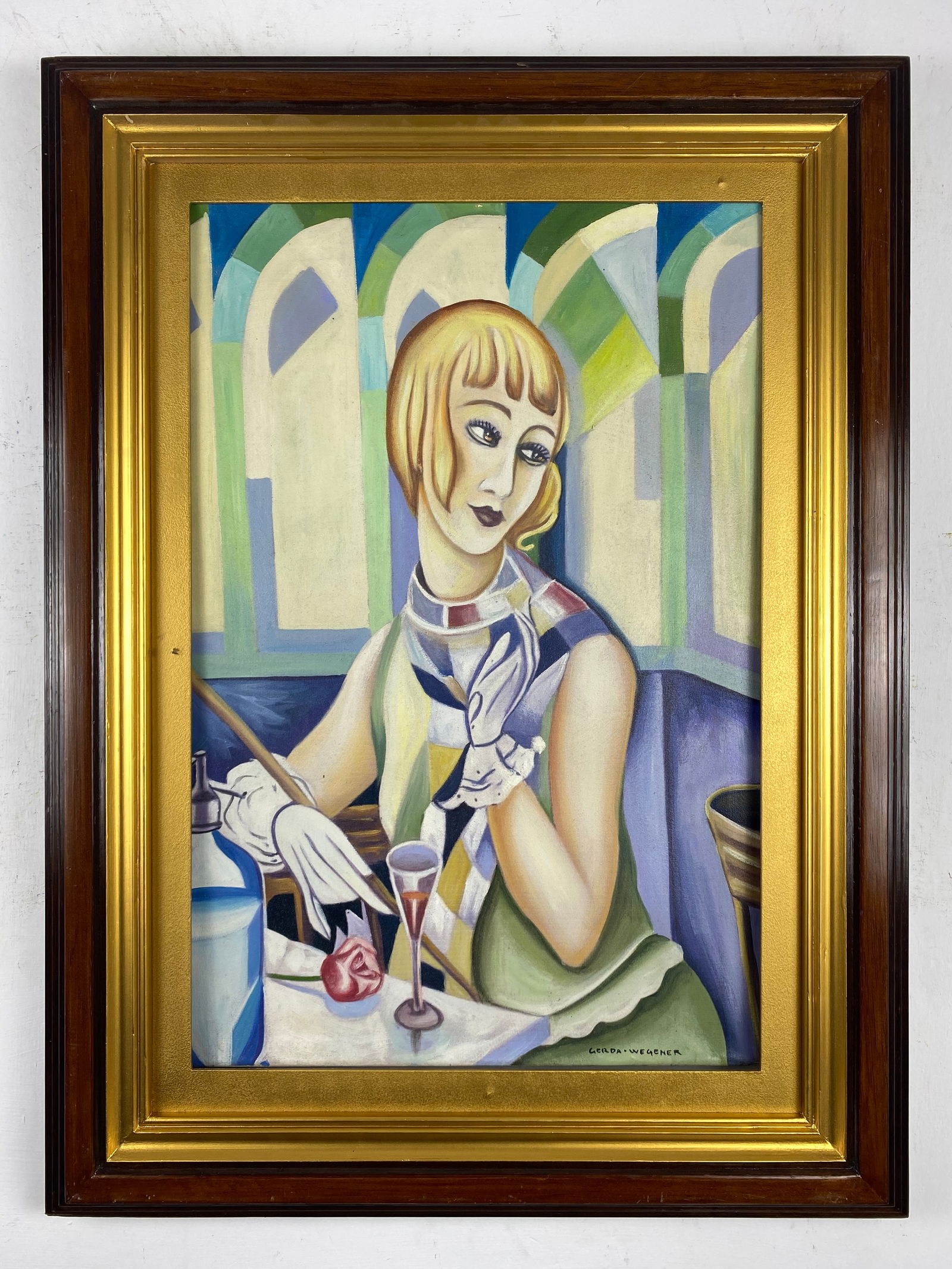 Gerda Wegener (1886 - 1940) Oil in Canvas - In the style of: Description:Gerda Wegener, registered at birth as Gerda Marie Fredrikke Gottlieb, was a Danish erotic painter, illustrator and illustrator. Wegener is known for her fashion illustrations and later for