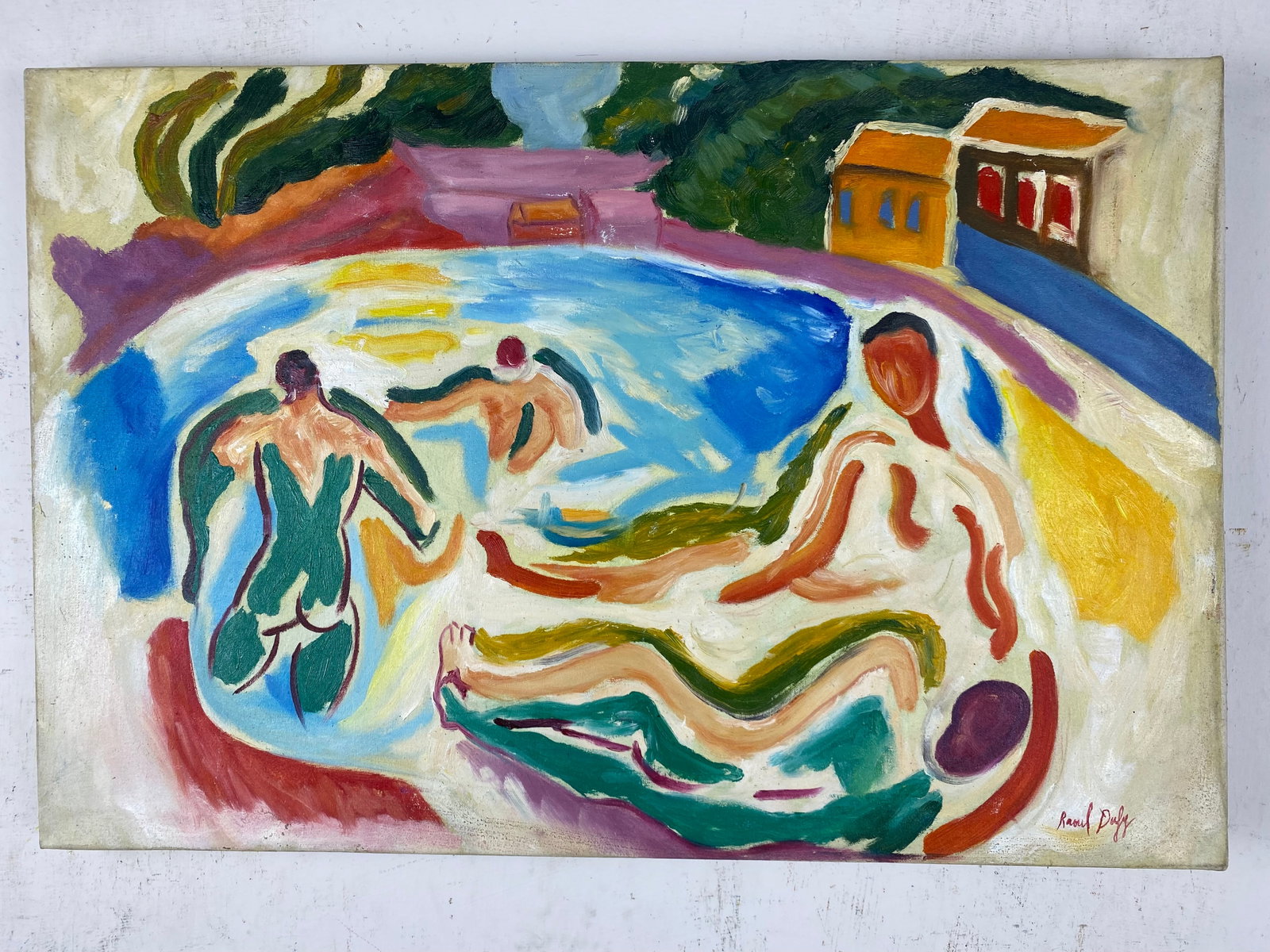 Raoul Dufy (1877 - 1953) Oil in Canvas - In the style of: Description:Raoul Dufy was a French Fauvist and Cubist painter, graphic artist and textile designer. He developed a colorful, decorative style that became popular in designs for pottery, textiles, and