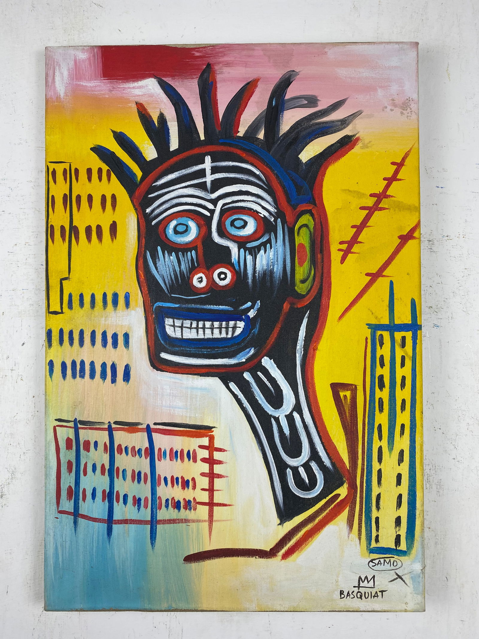 JEAN MITCHEL BASQUIAT - OIL ON CANVAS - IN THE STYLE OF: Jean-Michel Basquiat, also known as SAMO, was an American artist of Haitian and Puerto Rican descent. Measures 40 x 60 cm. Note: All shipments will be shipped by DHL EXPRESS, fast, easy and safe to tr