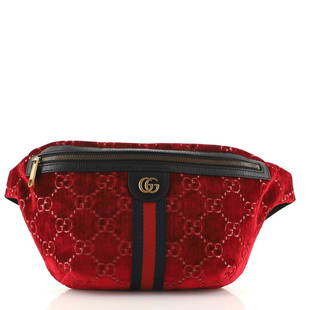 Gucci Ophidia Zip Belt Bag GG Velvet: These are professional pictures of the actual item offered by Rebag. Condition: Great. Minor wear on exterior and in interior, scratches on hardware. Accessories: Dust Bag Measurements: Height 8",