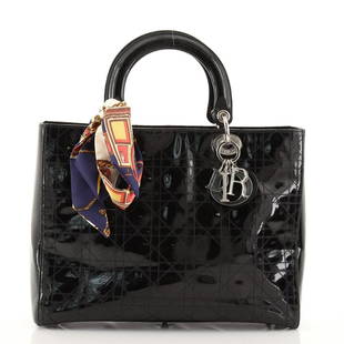 Christian Dior Lady Dior Bag Cannage Stitch Patent Large: These are professional pictures of the actual item offered by Rebag. $3,900 Condition: Fair. Heavy odor in interior. Heavy scuffs and loss of luster on exterior and handles, peeling along opening