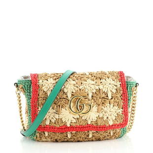 Gucci GG Marmont Flap Bag Raffia Small: These are professional pictures of the actual item offered by Rebag. Condition: Great. Minor wear on exterior and underneath flap, scratches on hardware. Accessories: No Accessories Measurements: