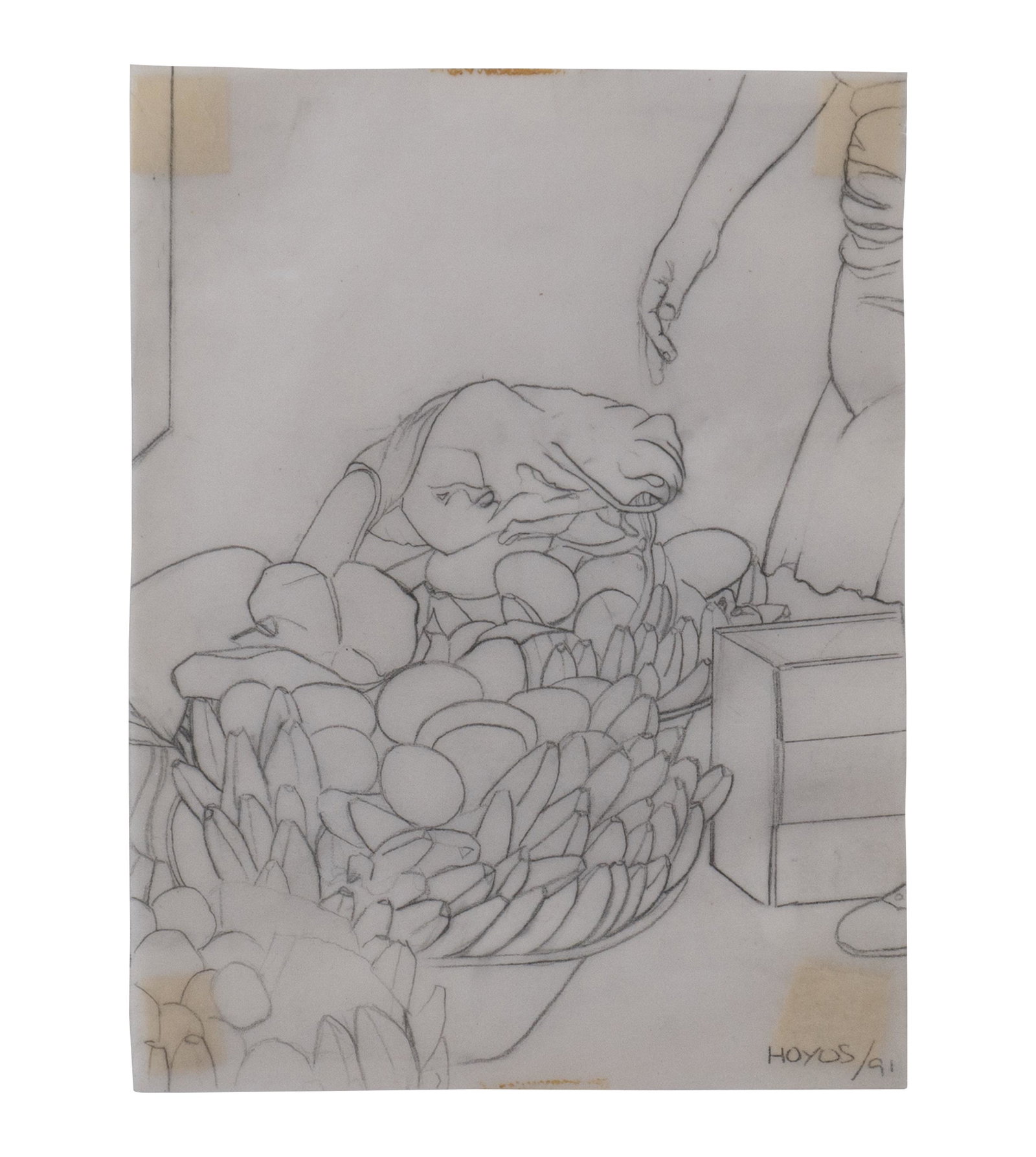 ANA MERCEDES HOYOS (1942-2014, Colombia): Fruit Market, 1991 Lapiz sobre papel pergamino Medidas: 19.5 x 15 cm Buen estado de conservacion. Coleccion privada.