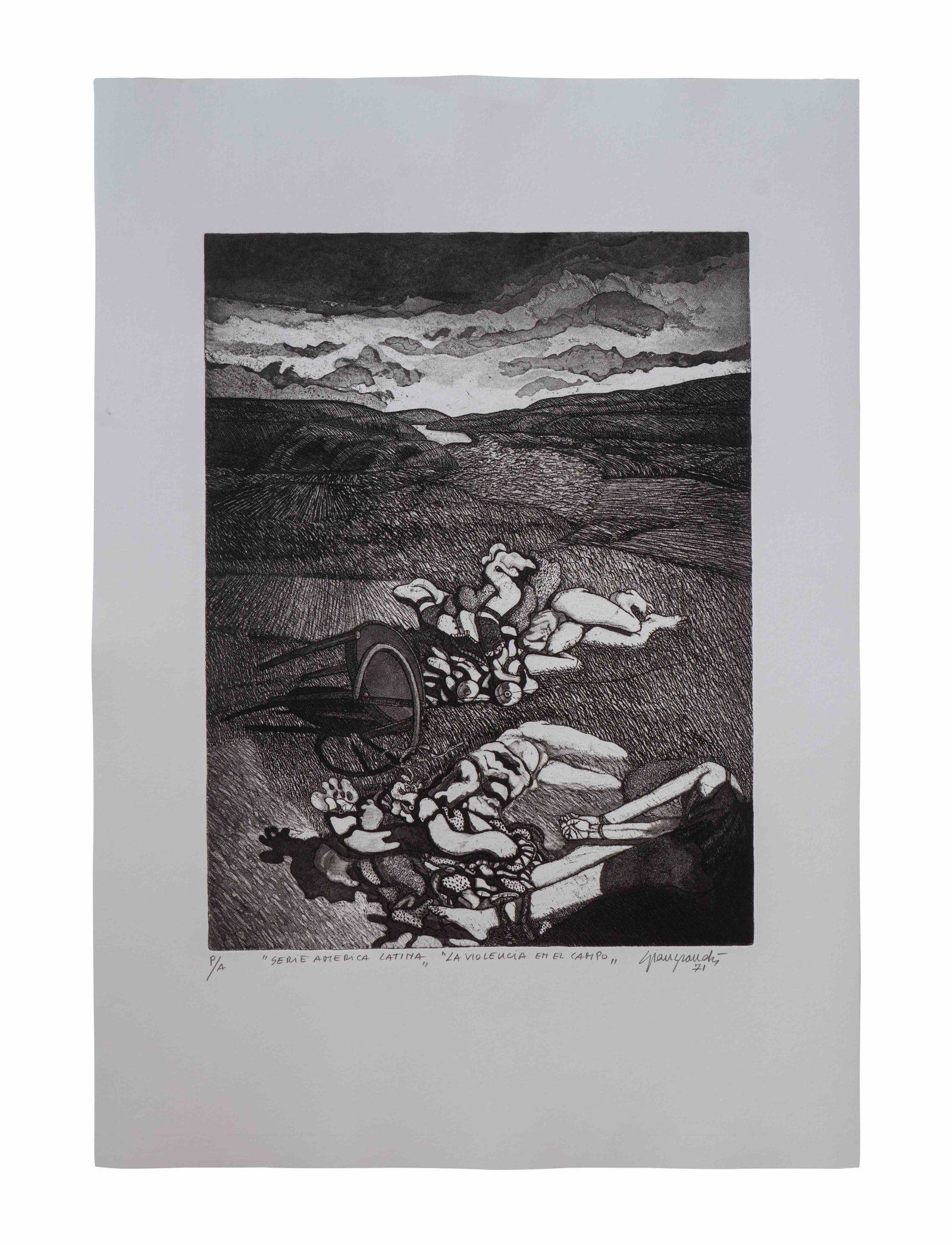UMBERTO GIANGRANDI (1943, Italia): Violencia En El Campo, 1971Aguafuerte sobre papelMedidas: 98.5 Ã— 69 cmEdicion Prueba de Artista