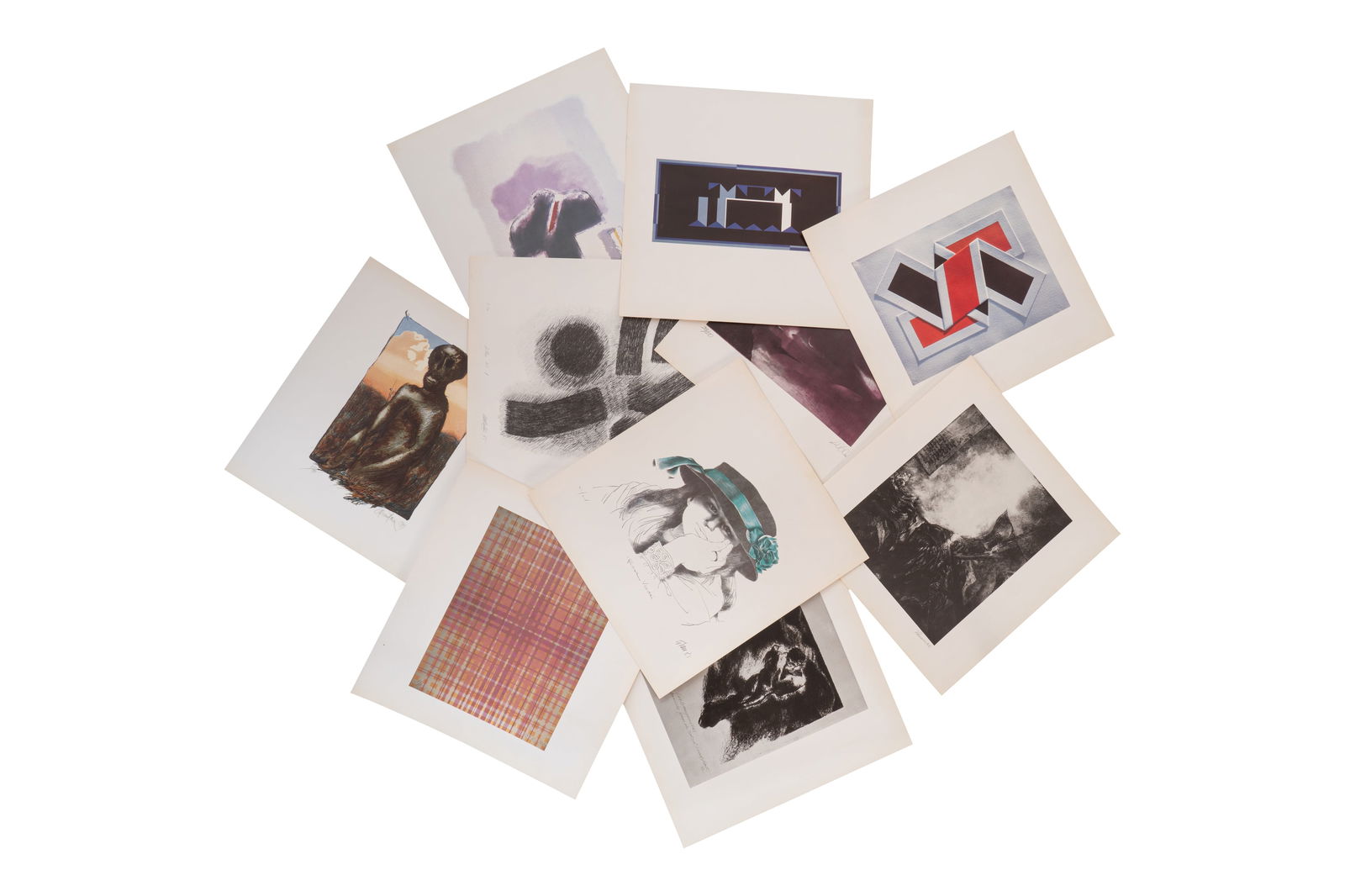 Coleccion de 10 reproducciones litograficas, S.XX: Obras de: Enrique Grau, Gustavo Zalamea, Juan Manuel Lugo, Manuel Hernandez, Jorge Riveros, Omar Rayo, Pedro Alcantara, Carlos Rojas, Autor Desconocido y Angel Loochkartt.