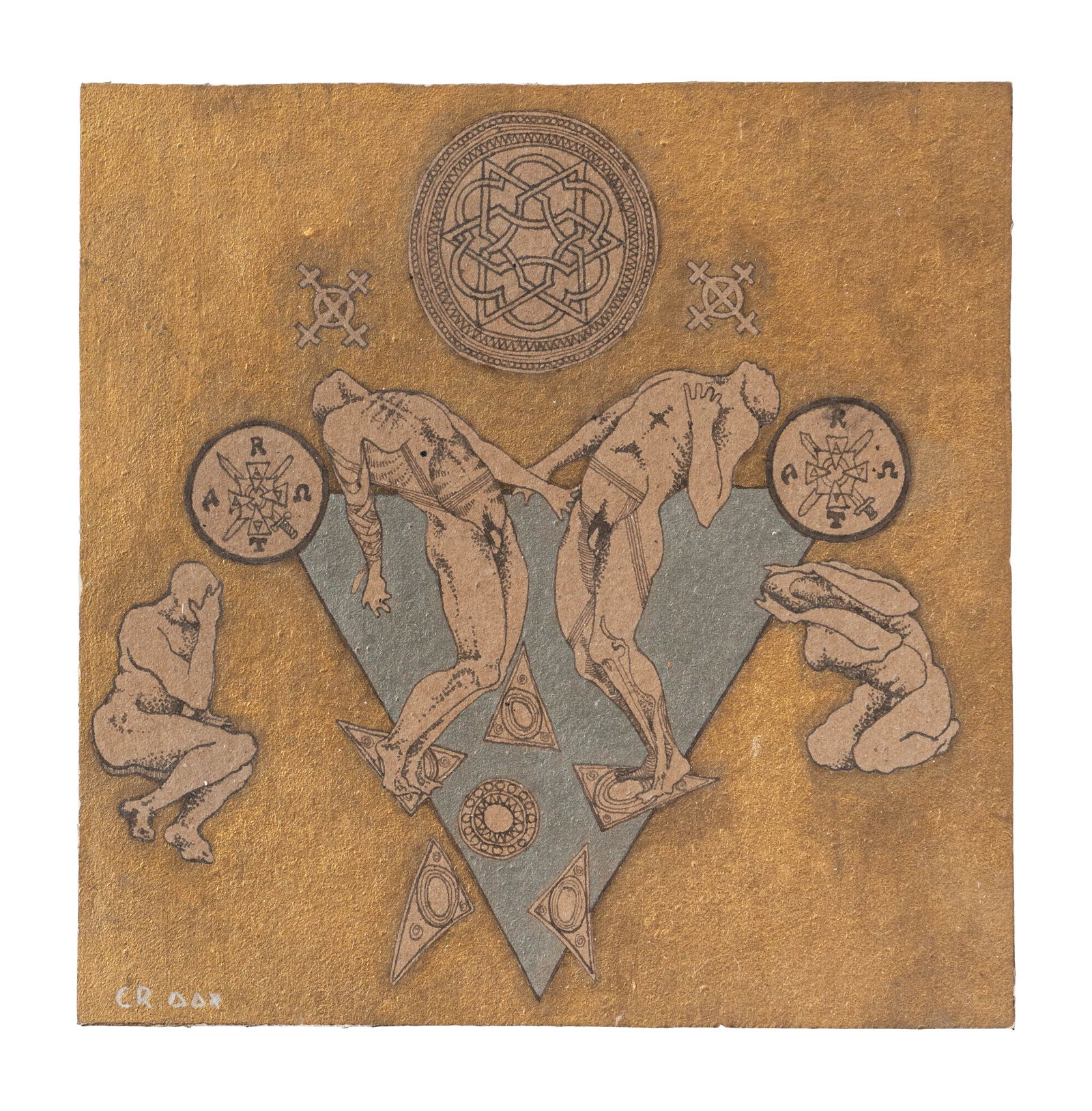 CARLOS ROJAS (1933-1997, Colombia): Sin Titulo, sf.Tecnica mixta, hojilla de oro y pintura sobre cartonMedidas: 25 x 25 cm