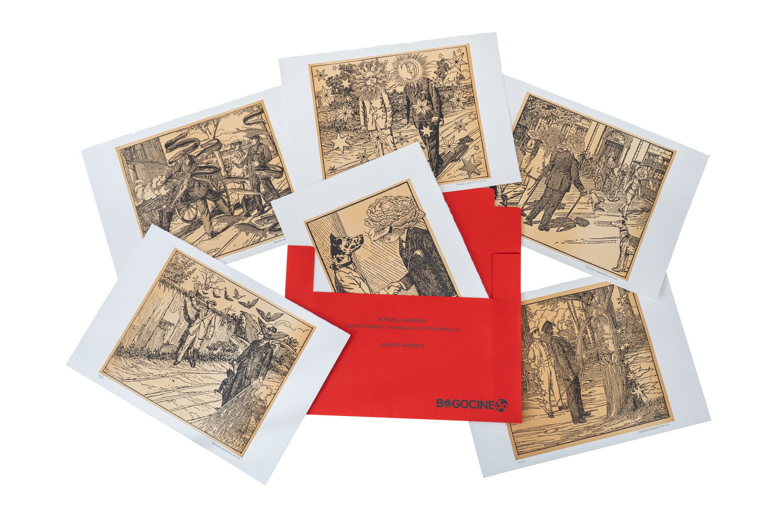 ALVARO BARRIOS (1945, Colombia): Bunuel / Barrios, Duo Alucinante. Homenaje a EL PERRO ANDALUZ, 2022Grabado sobre papel Medidas: 35 x 50 cm (cada uno)Edicion 36/50